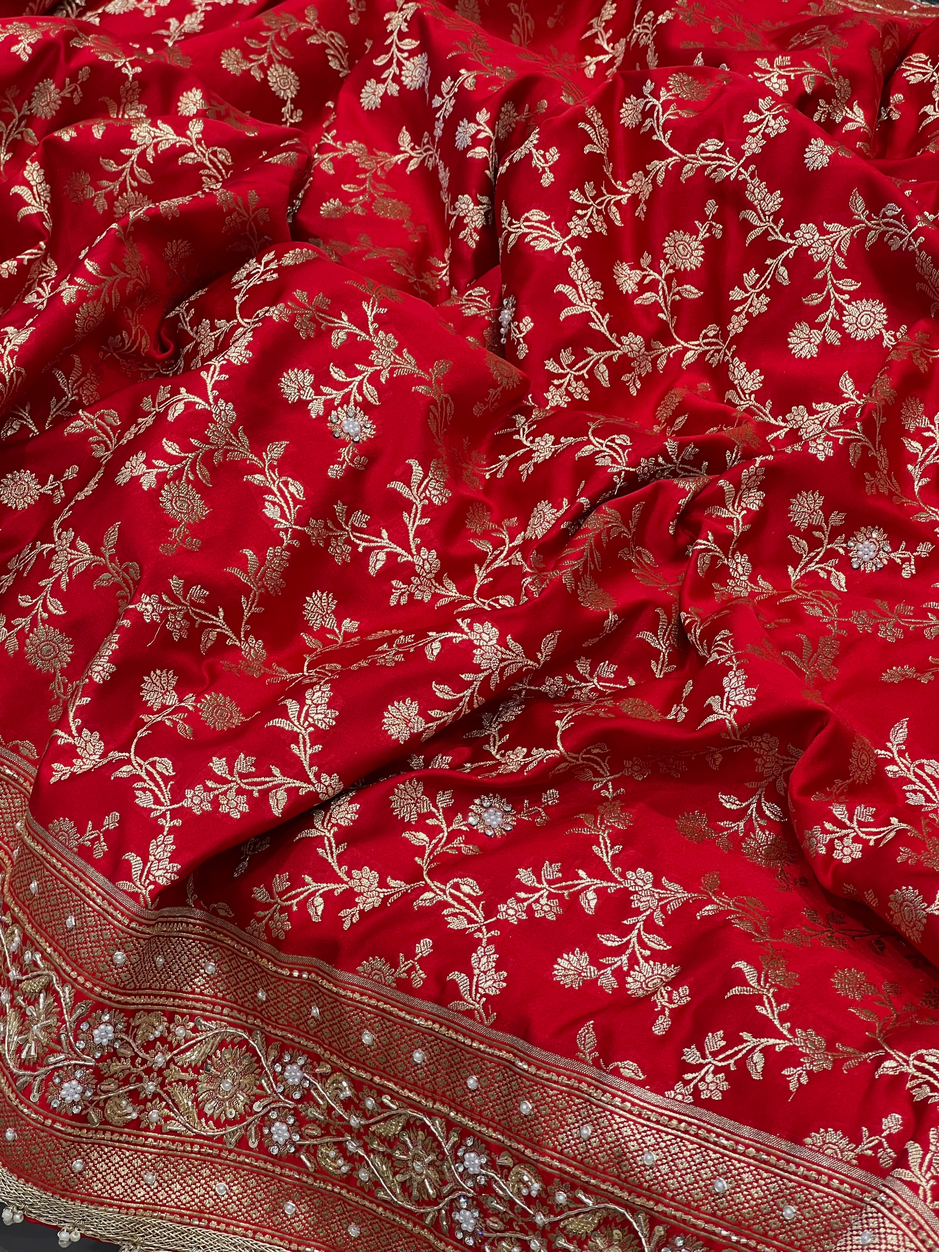 Red Banarasi Silk Flower Jaal Hand Embroidery Saree 2.0