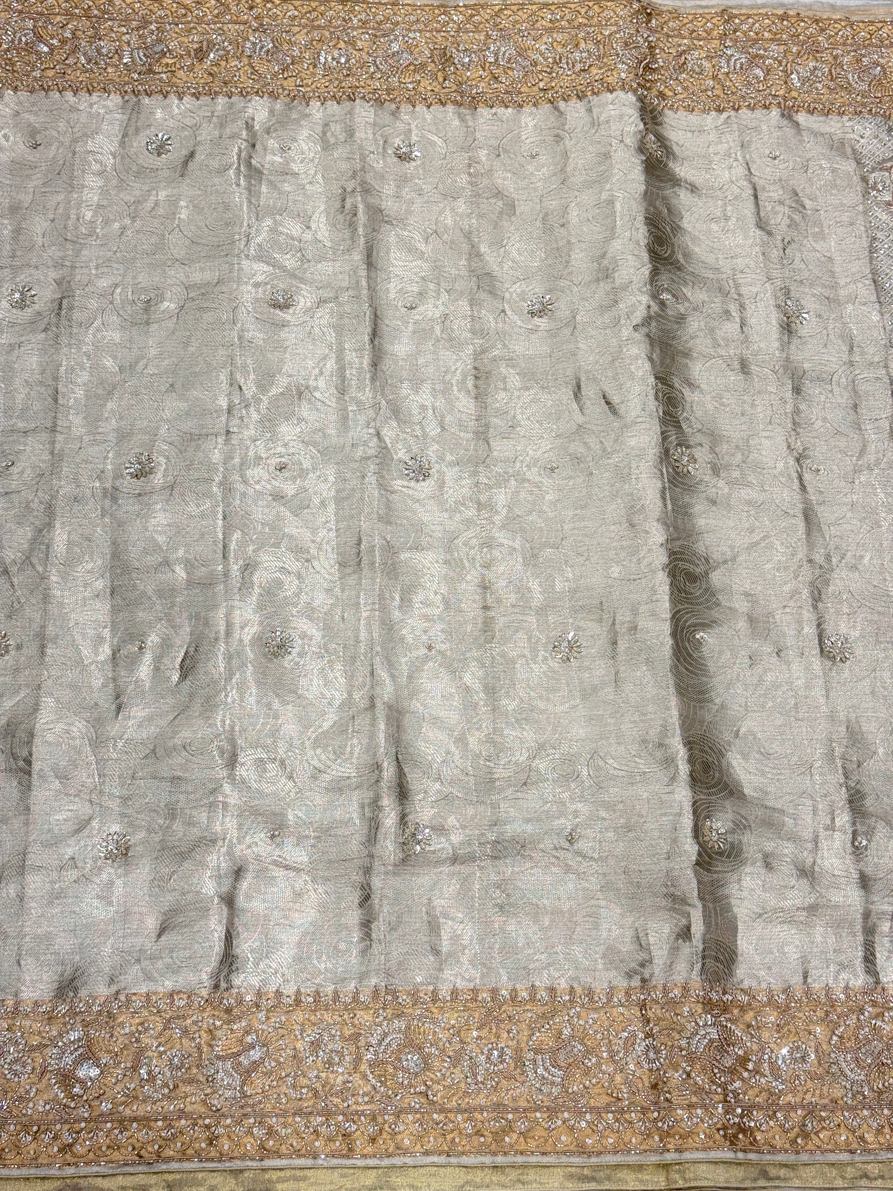Silver Tissue Kanjivaram Zardosi Moti Hand Embroidery Saree