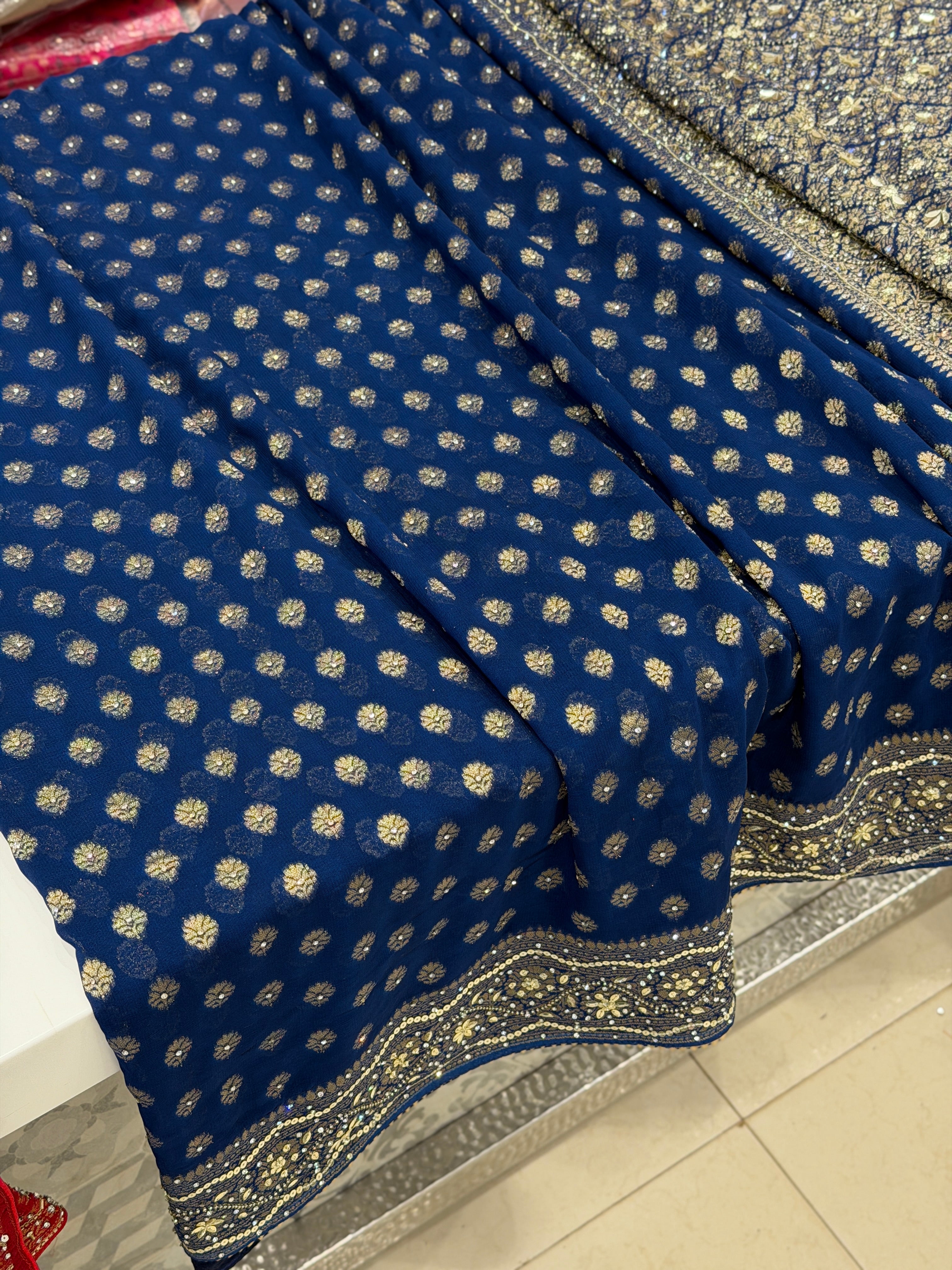 Blue Banarasi Khaddi Georgette Butti Hand Embroidery Sequin Stone Saree