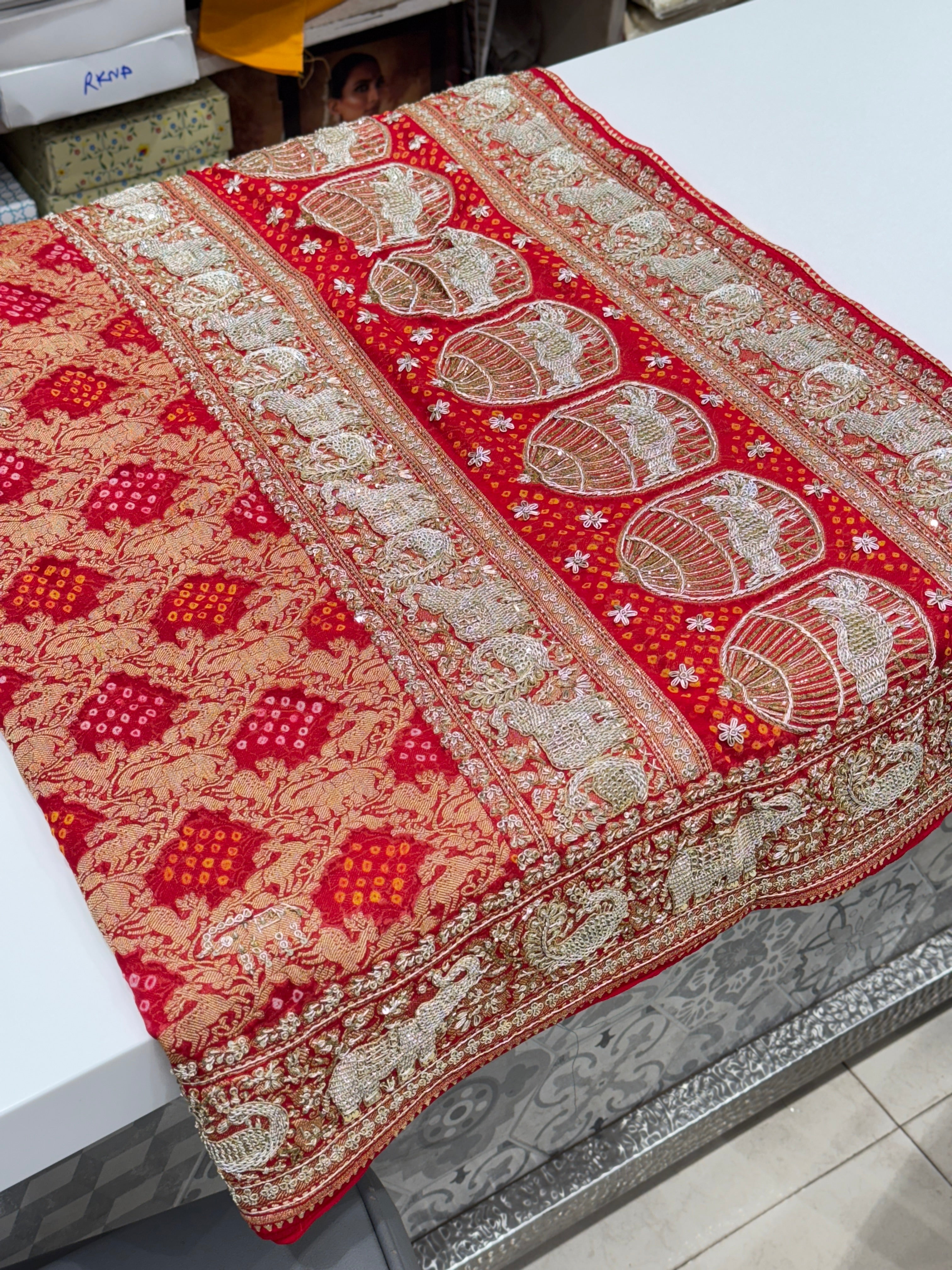 Red Bandhej Zardosi Saree