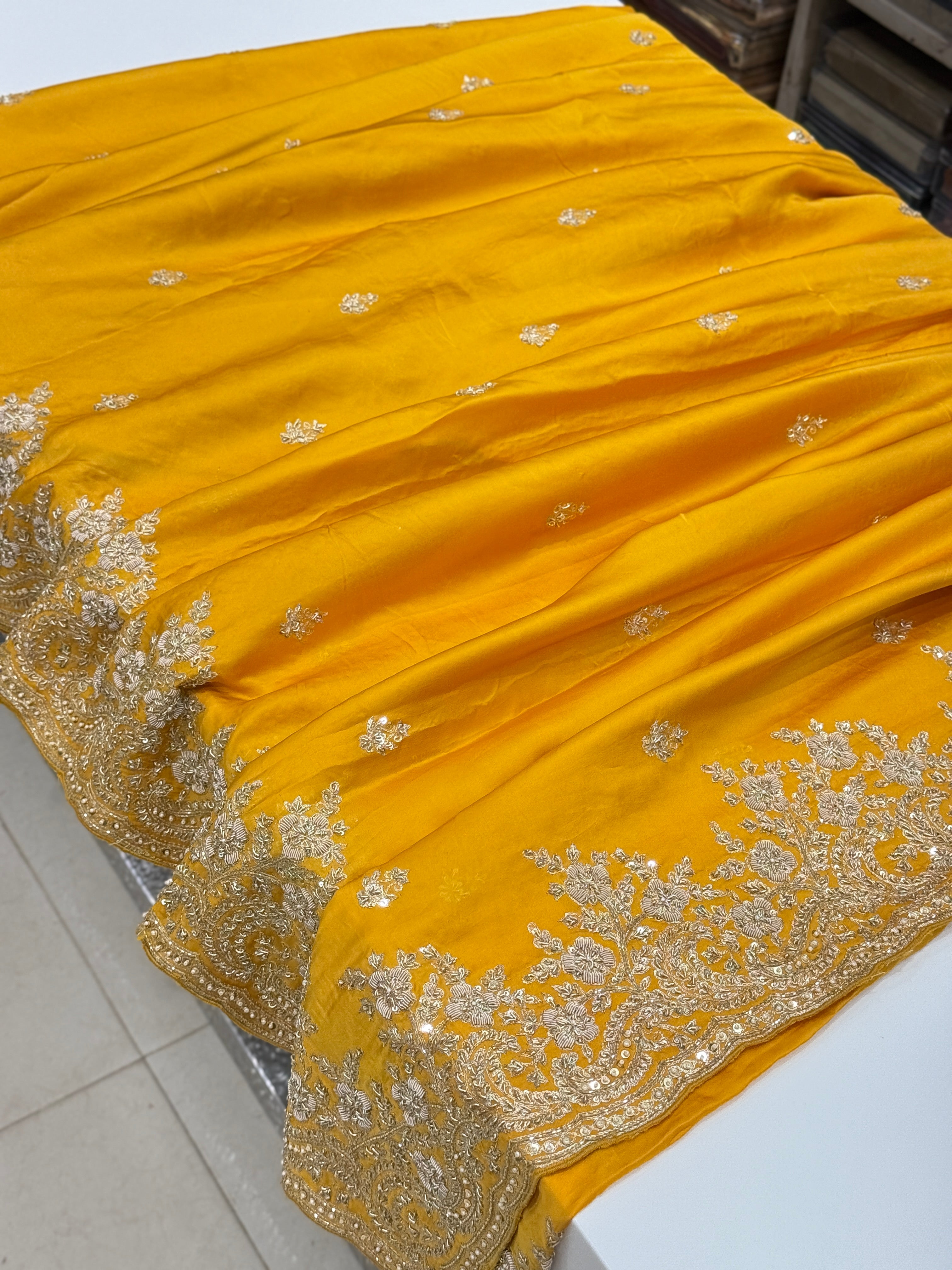 Mustard Yellow Buttis Pure Satin Hand Embroidery Zardosi Saree