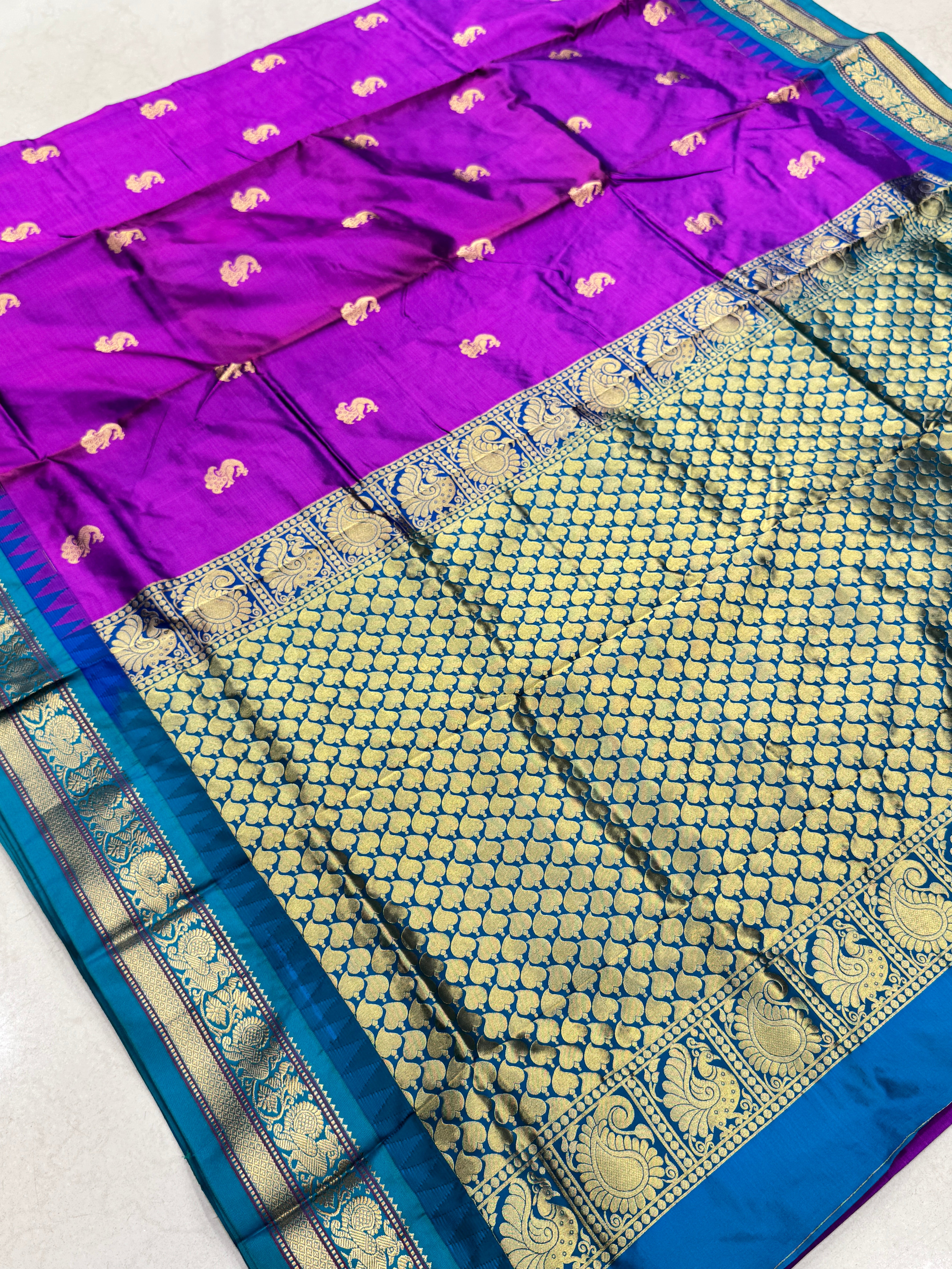 Violet Peacock Buttis Paithani Saree