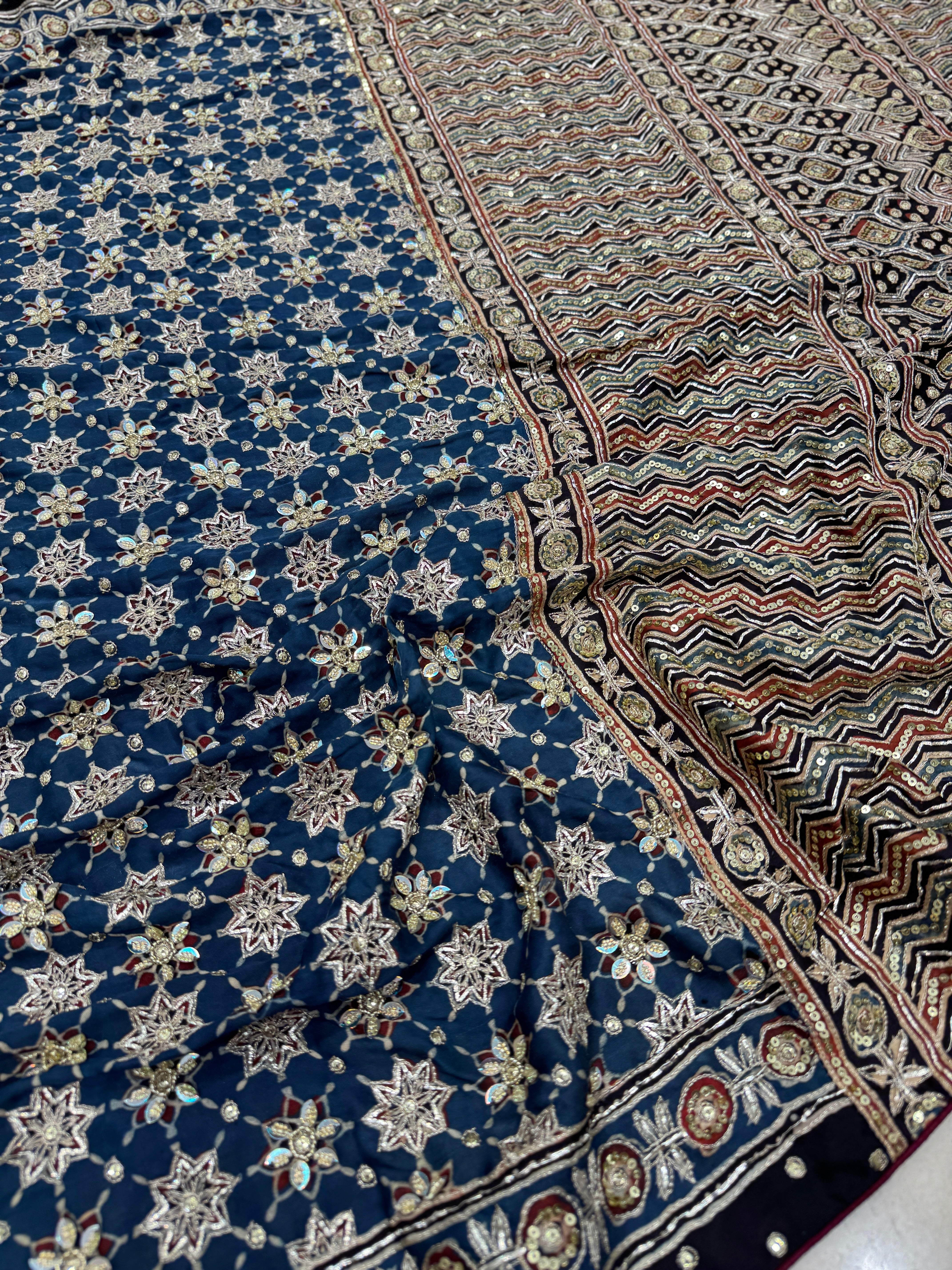 Blue Black Jaal Ajrakh Hand Embroidery Saree