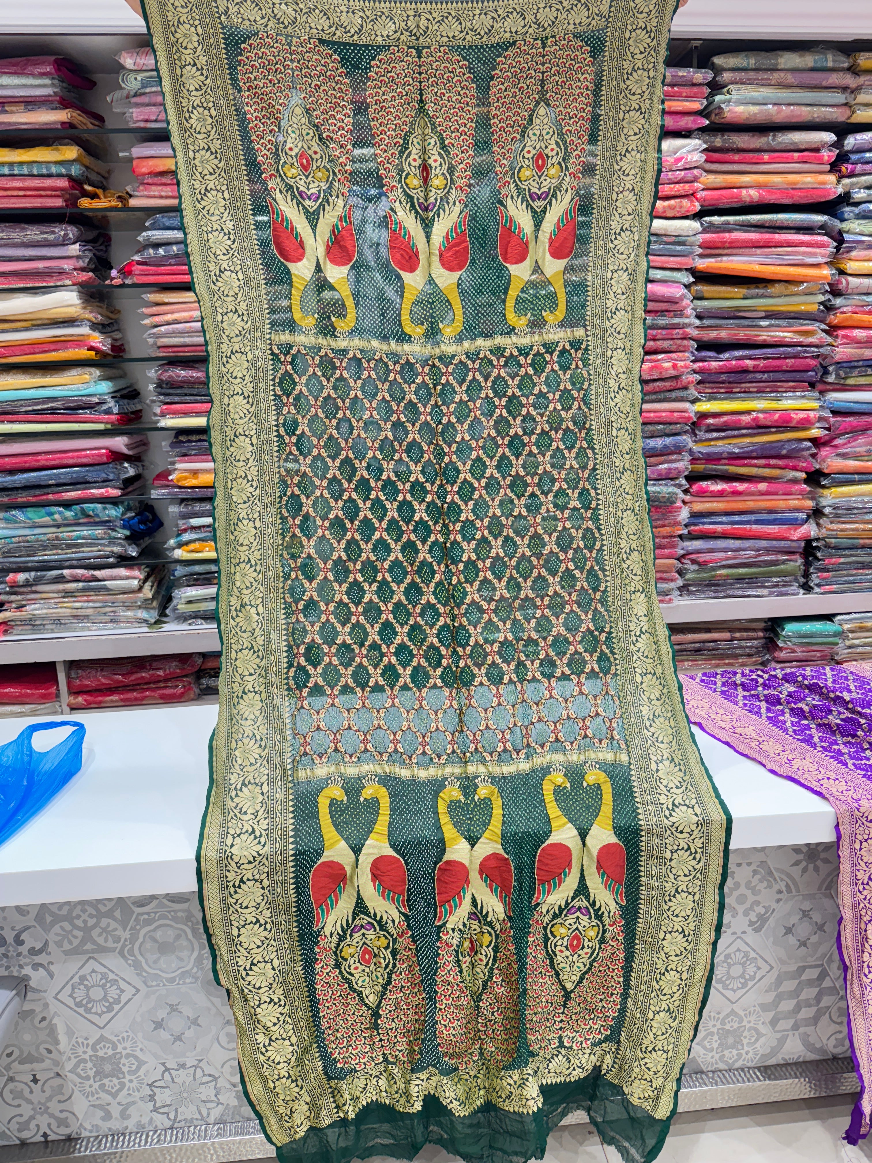 Bottle Green Bandhej Meenakari Dupatta