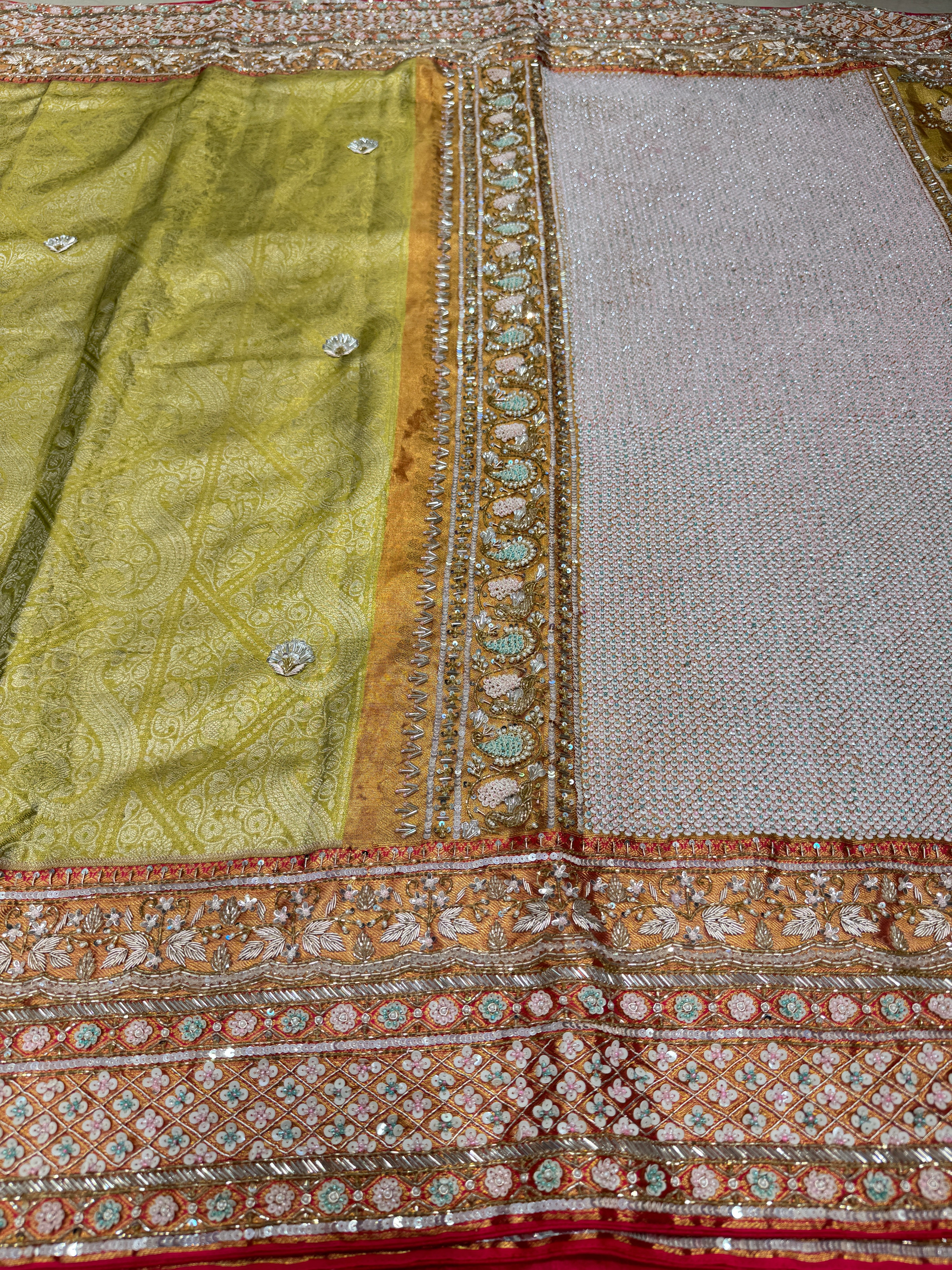 Pista Green Rani Tissue Kanjivaram Hand Embroidery Saree