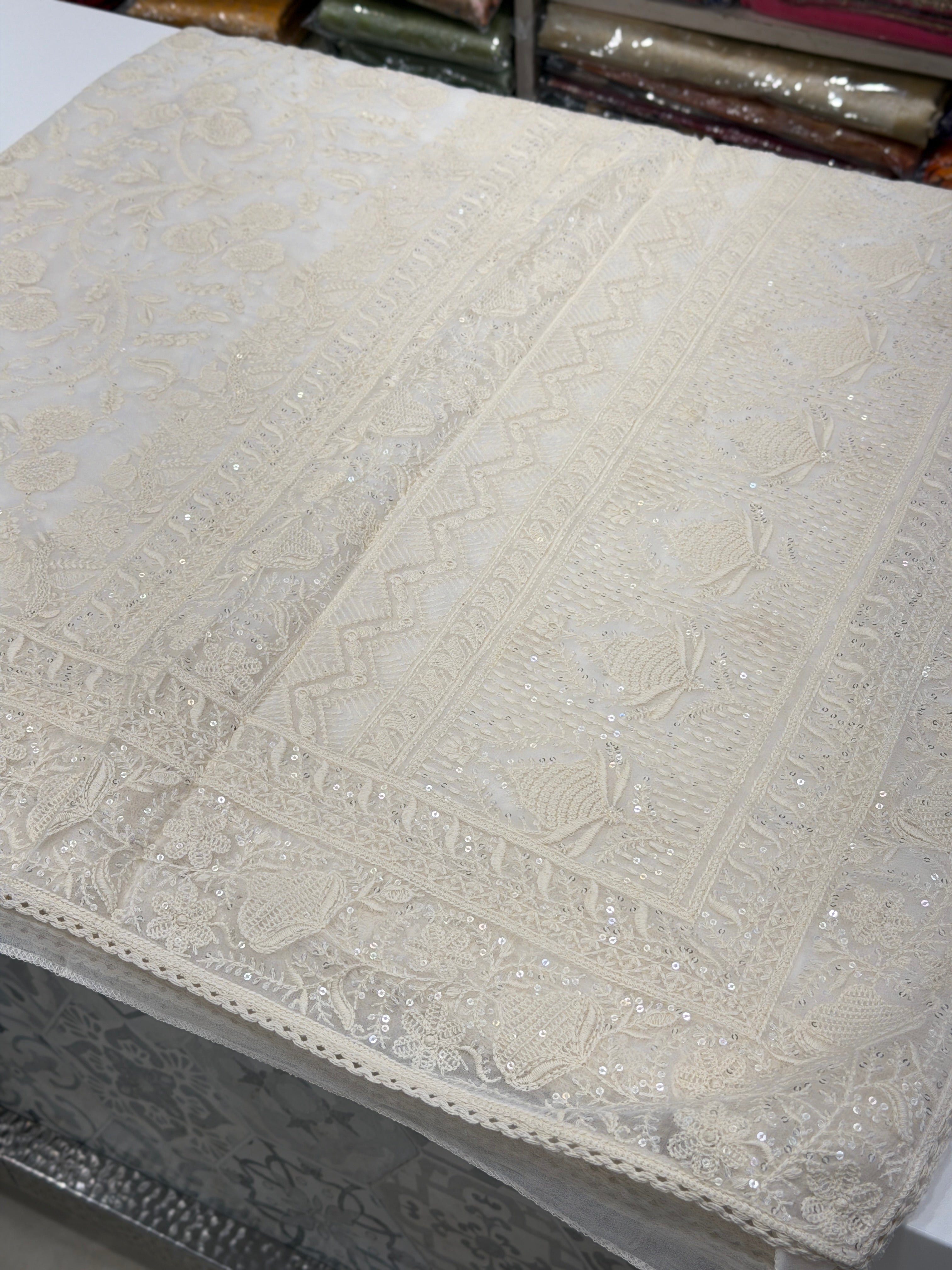 White Chikankari Georgette Jaal Resham Sequin Embroidery Saree