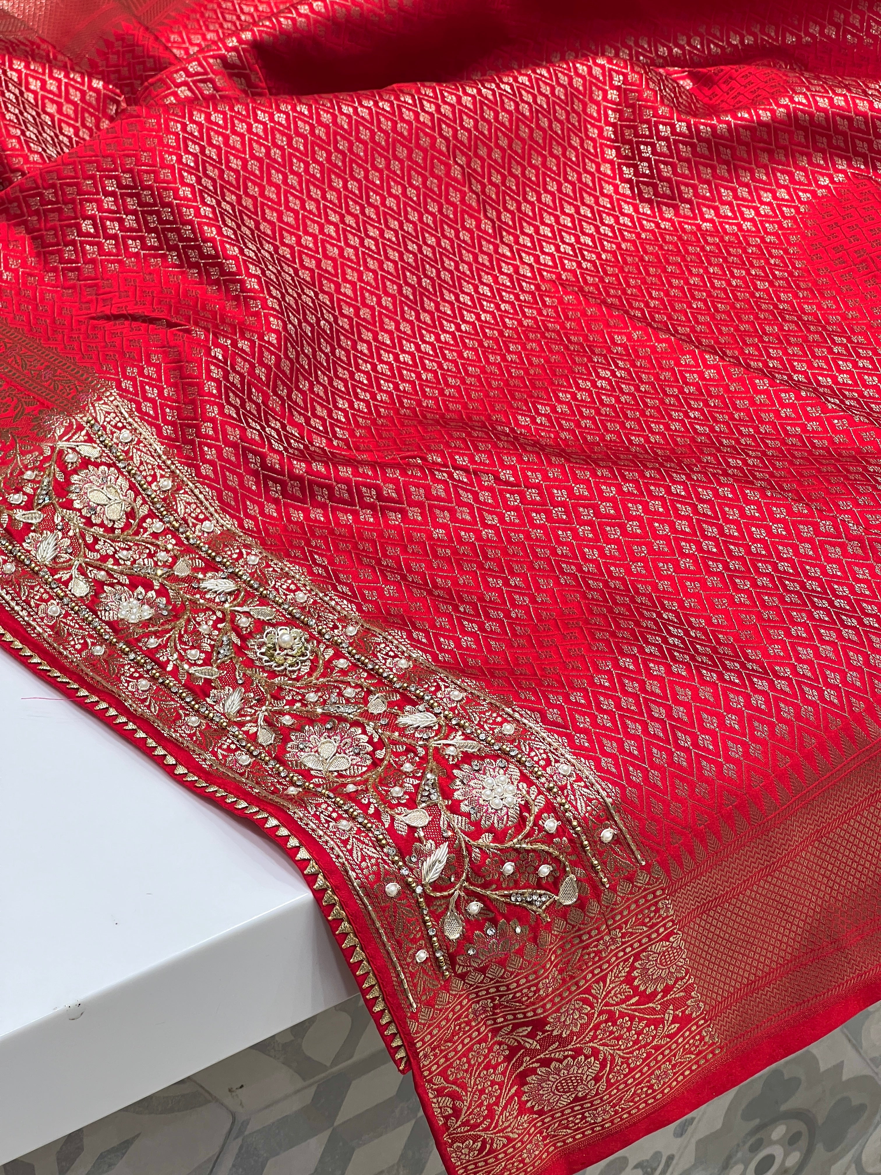 Red Banarasi Upside Down Border Hand Embroidery Saree