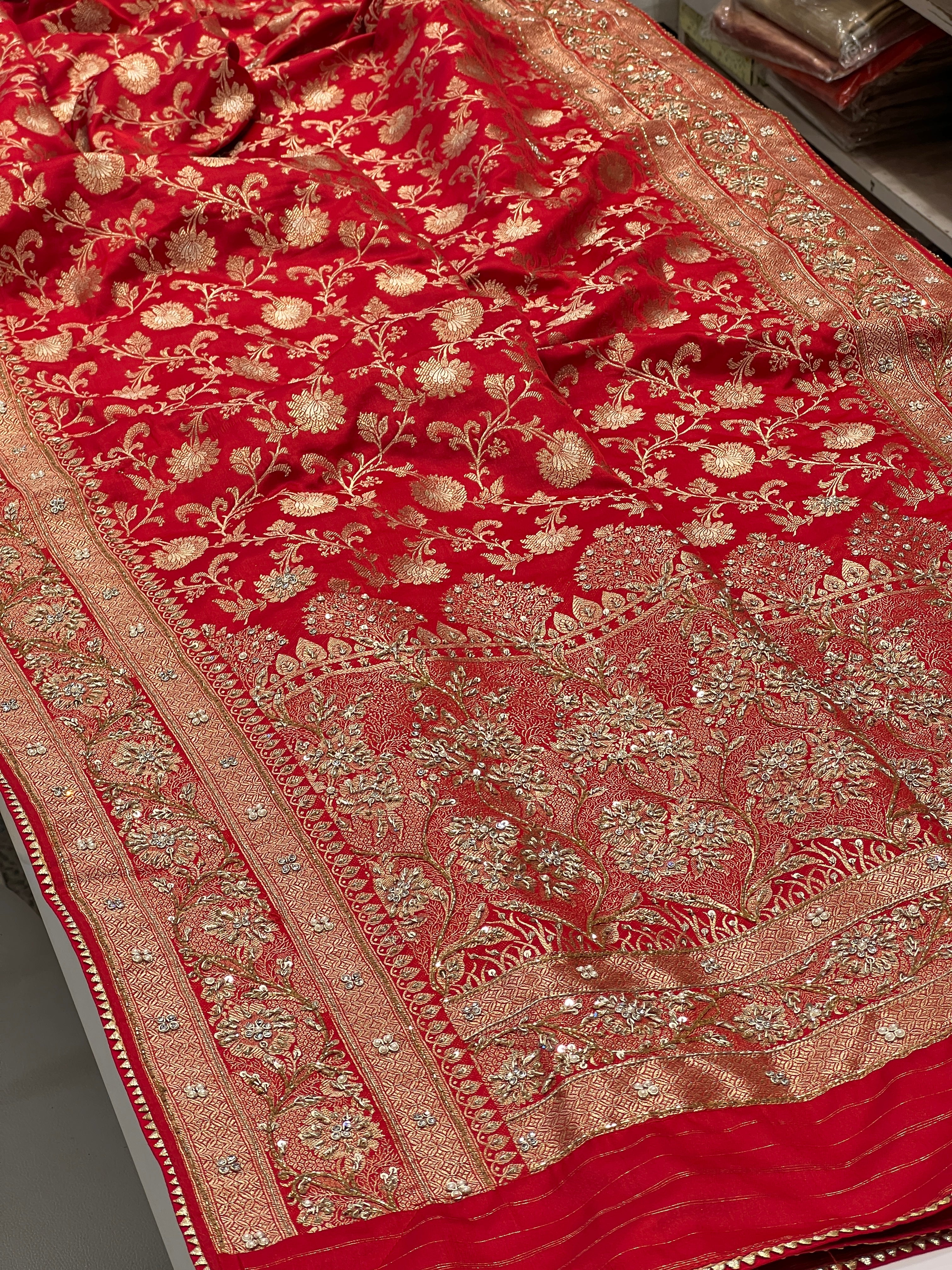 Red Banarasi Small Jaal Simple Zardosi Saree