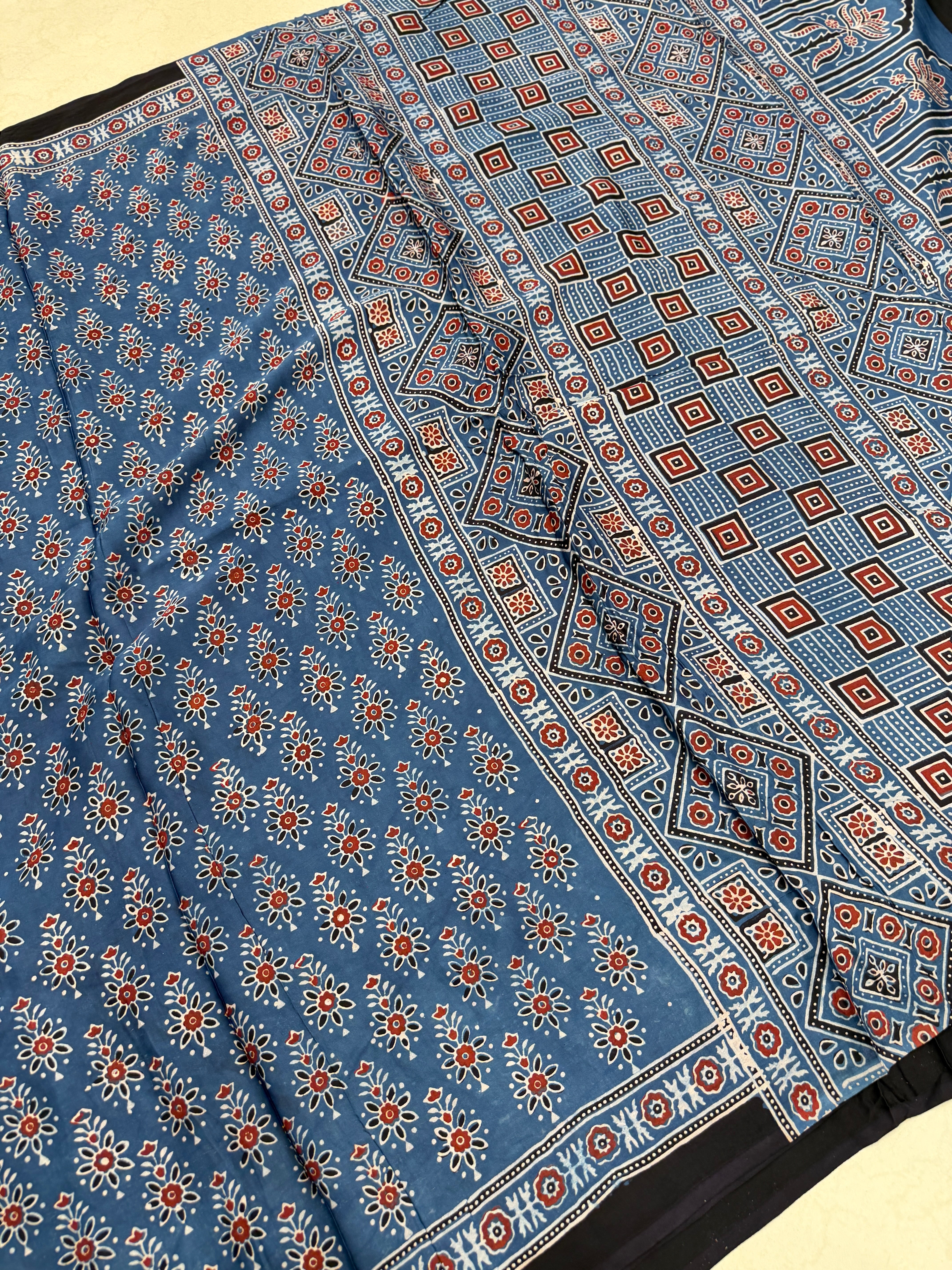 Blue Makkhi Buttis Ajrakh Hand Block Print Pure Gajji Silk Saree