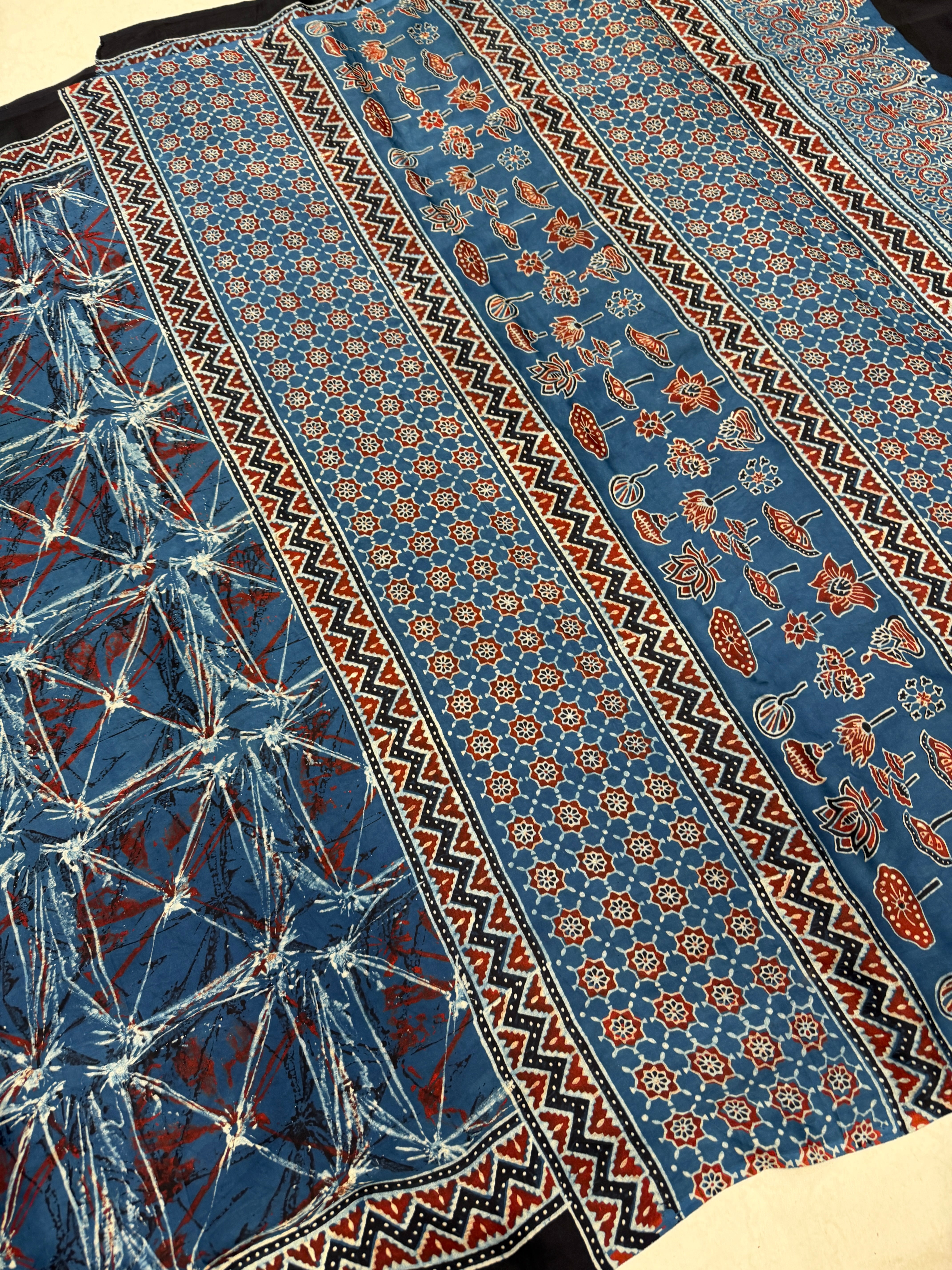 Blue Contemporary Ajrakh Hand Block Print Pure Gajji Silk Saree