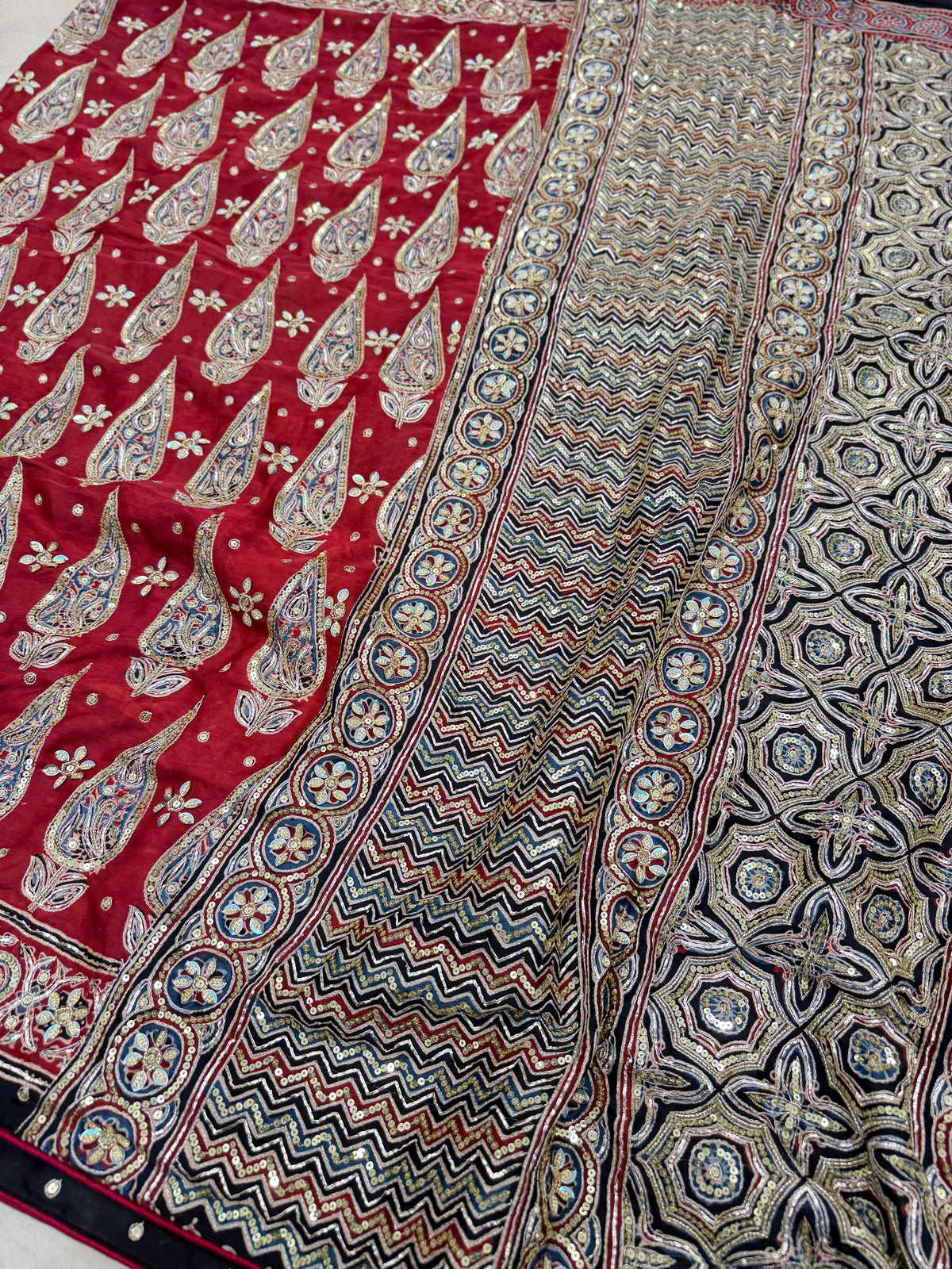 Red Buttas Pita Zardosi Sequin Ajrakh Hand Embroidery Saree