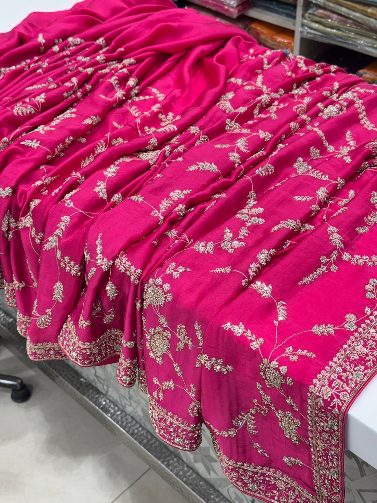 Rani Pink Pure Satin Silk Hand Embroidery Resham Zardosi Jaal Saree
