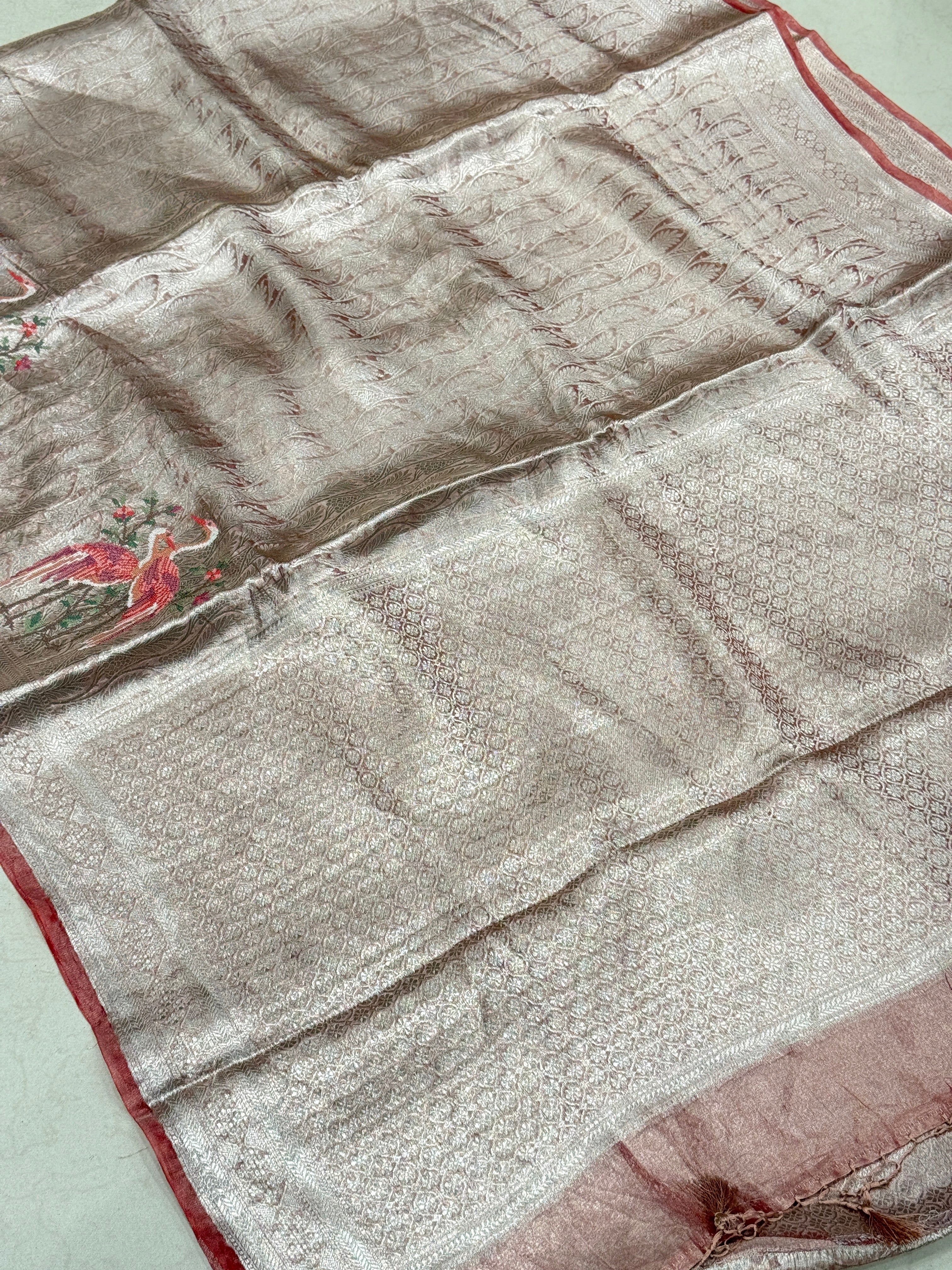 Crimson Silver Handloom Tissue Parsi Contemporary Resham Embroidery Saree