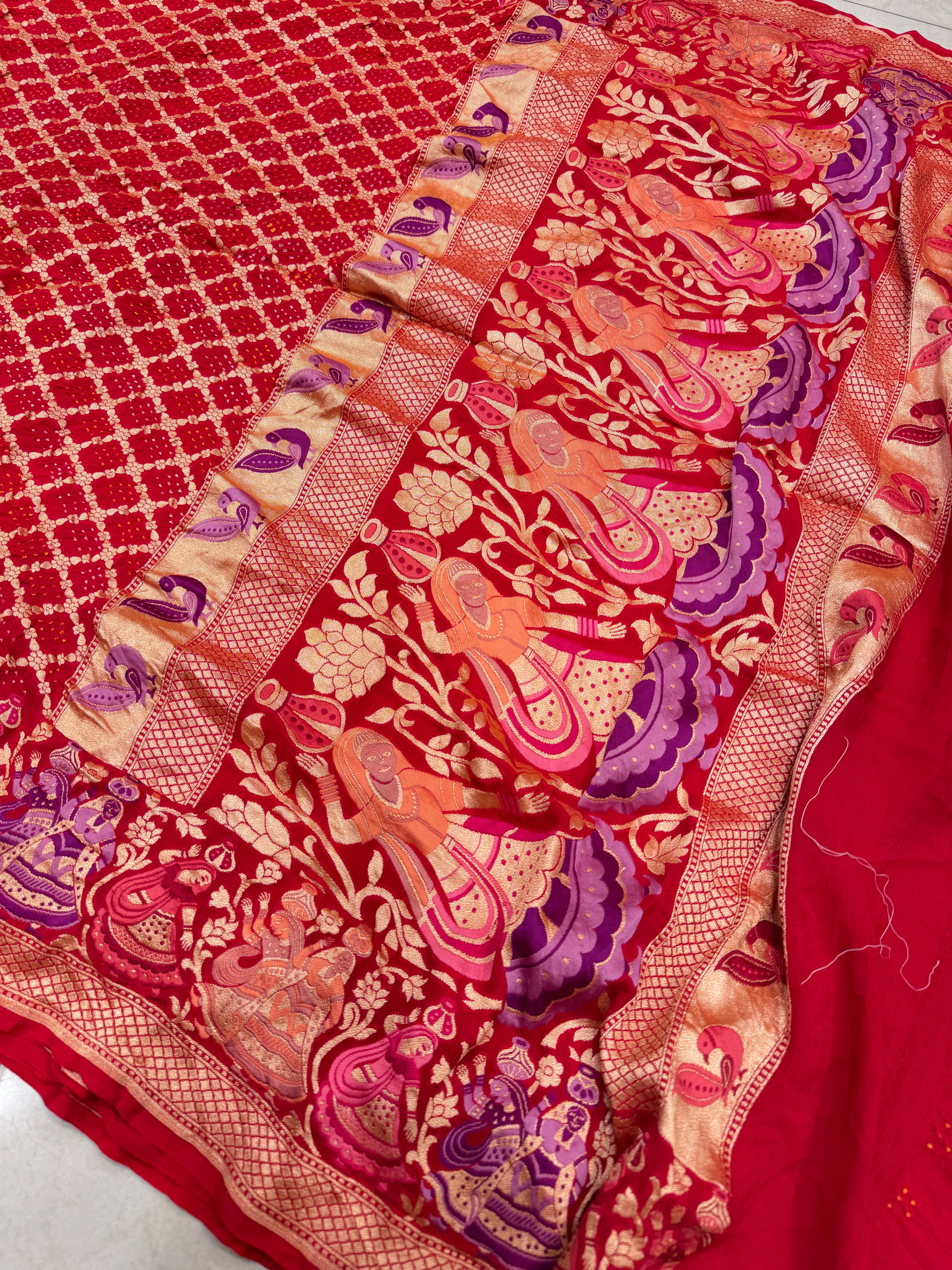 Red Rai Bandhej Meenakari Handloom Saree