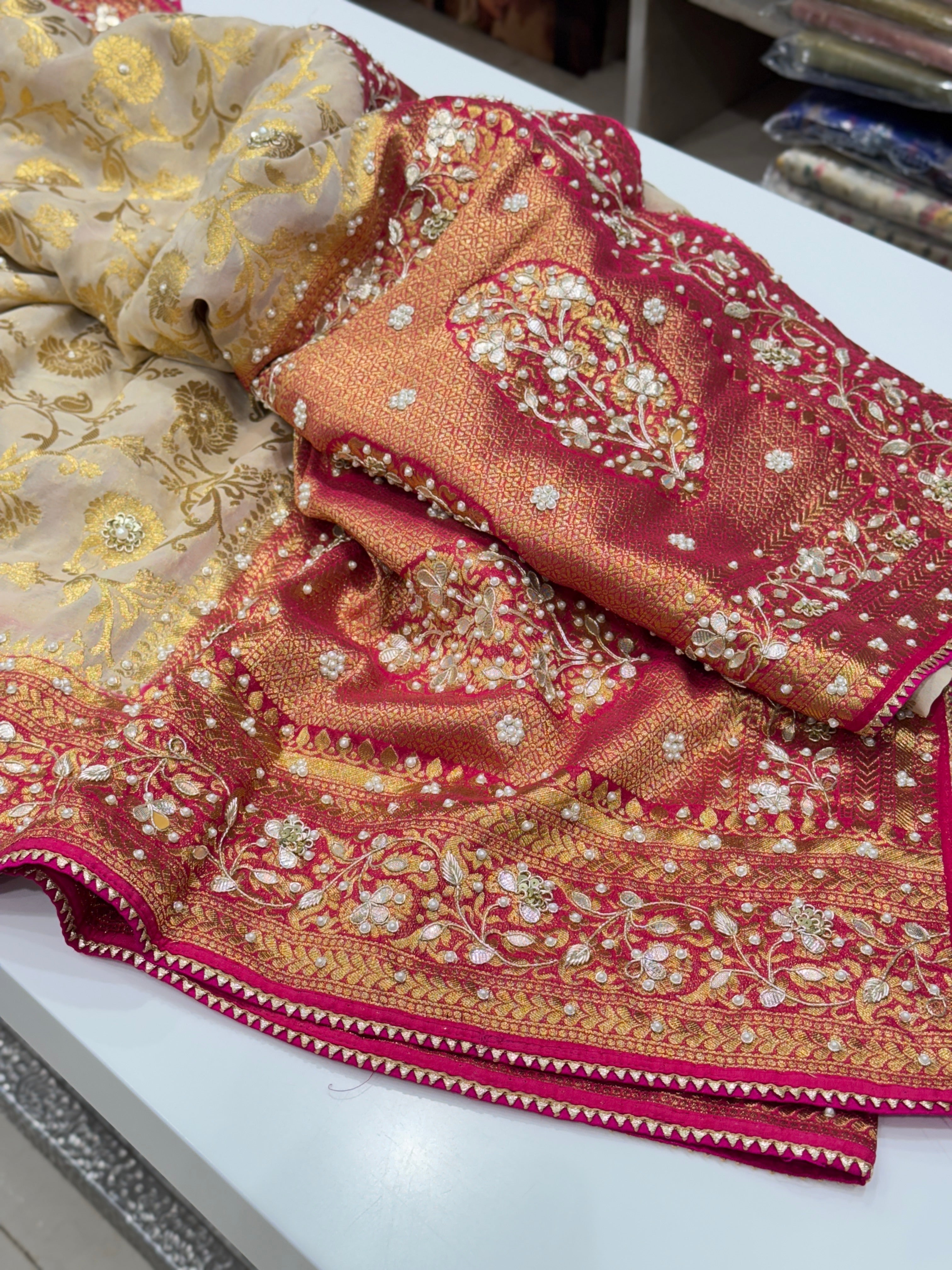Beige Rani Banarasi Khaddi Georgette Baghban Jaal Zardosi Embroidery Saree