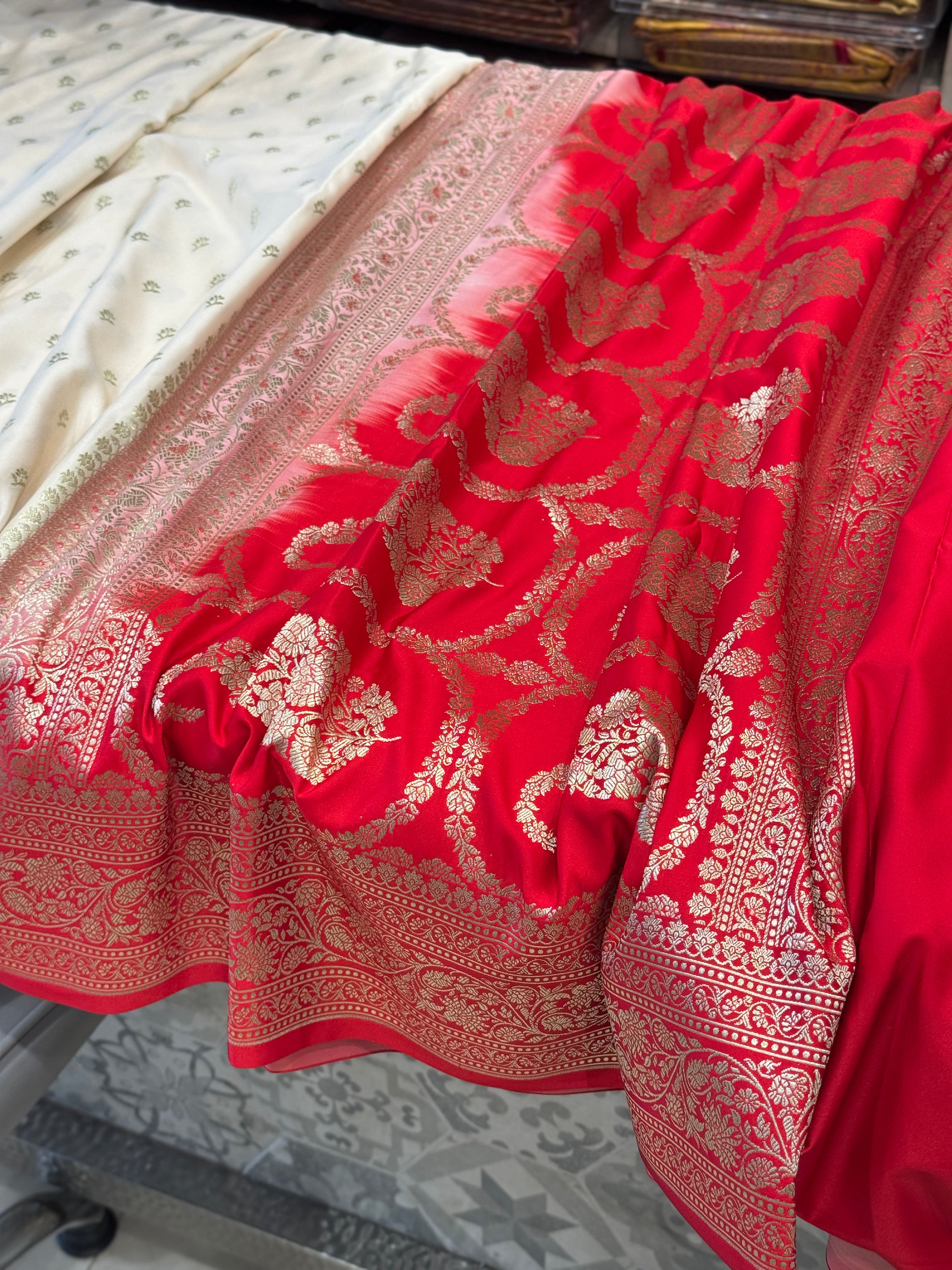 Moti White Red Pallu Banarasi Buttis Saree