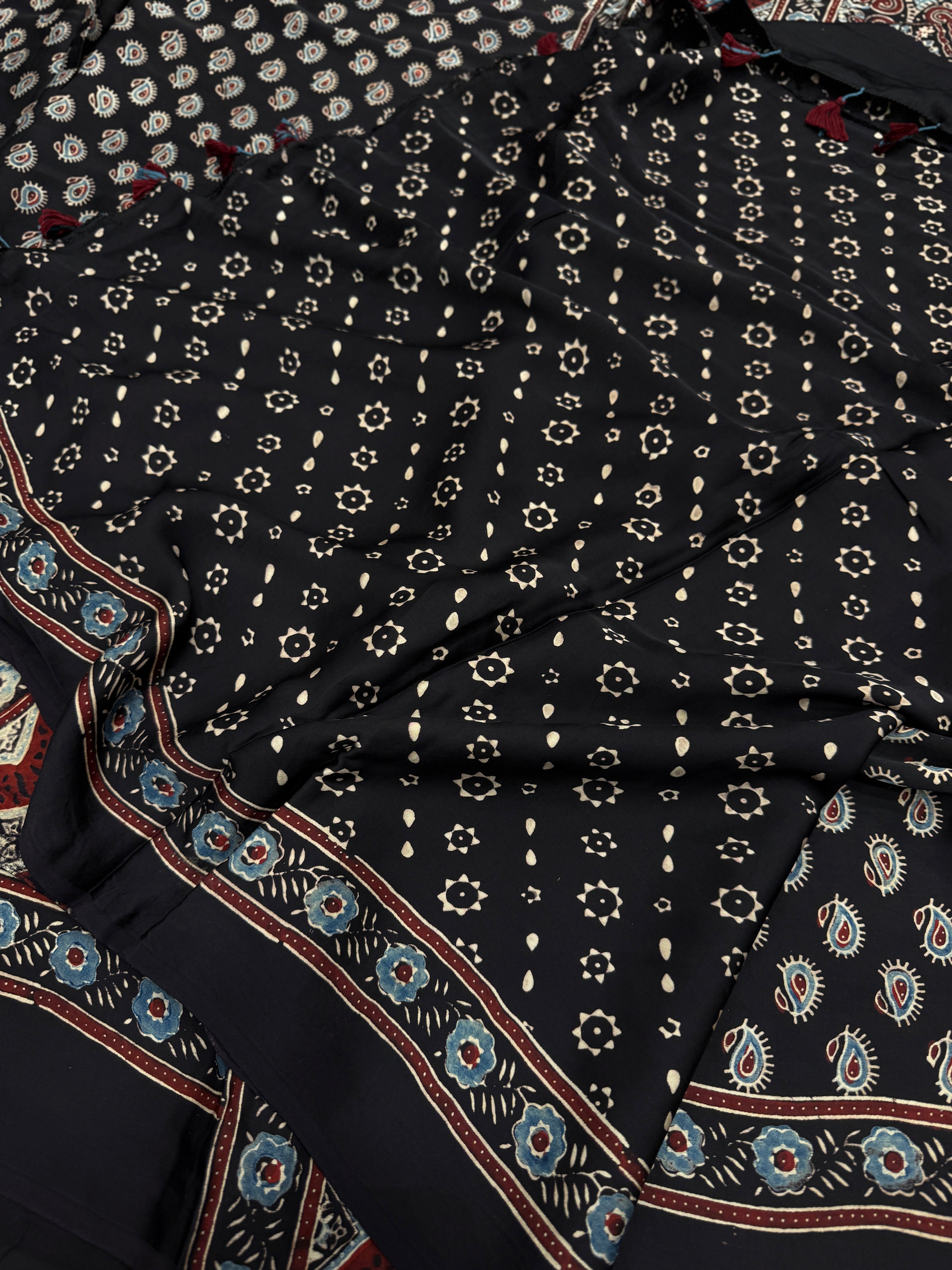 Black Keri Butti Ajrakh Modal Gajji Silk Saree