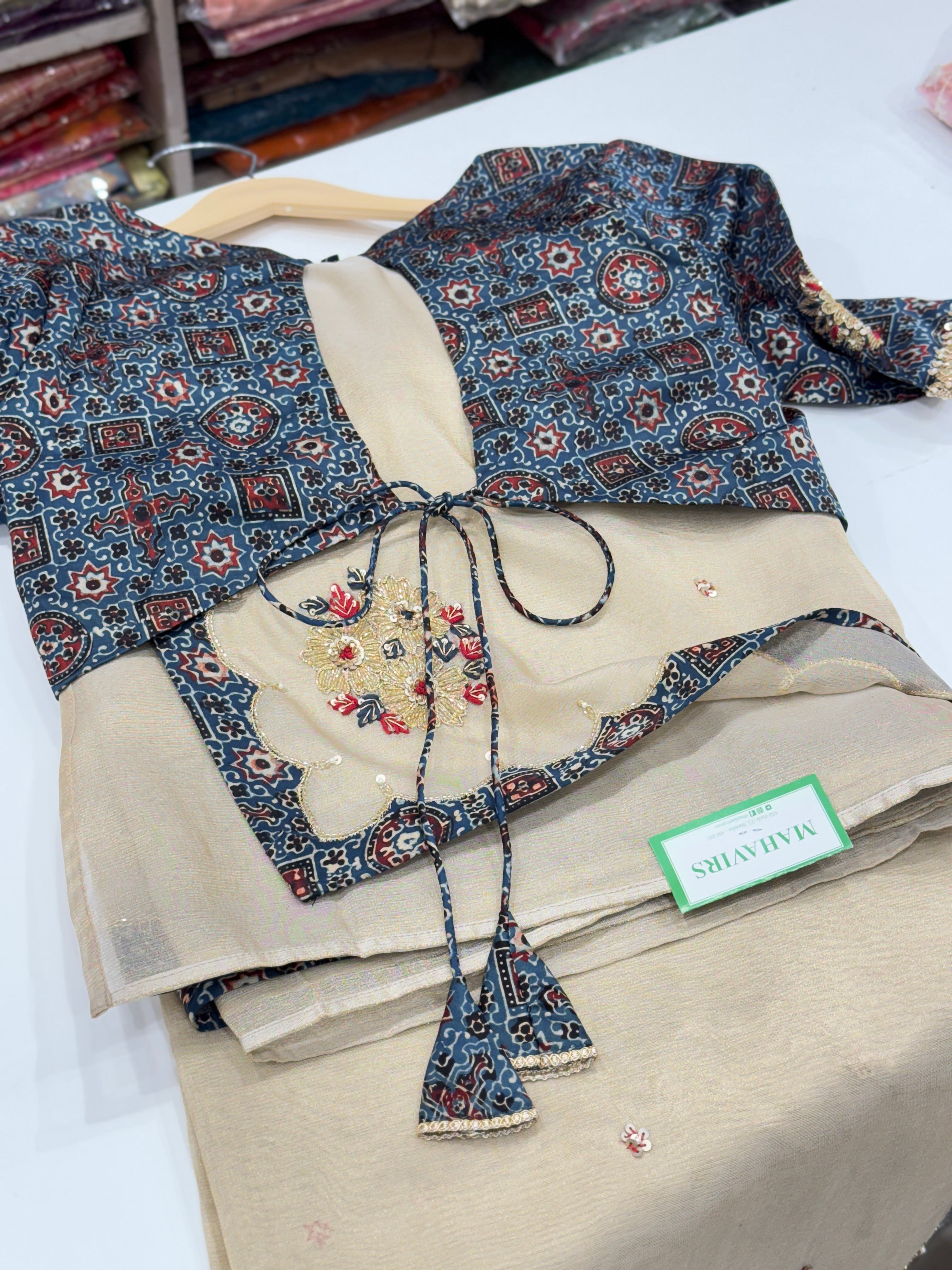 Golden Tissue With Ajrakh Ready Blouse Hand Embroidery