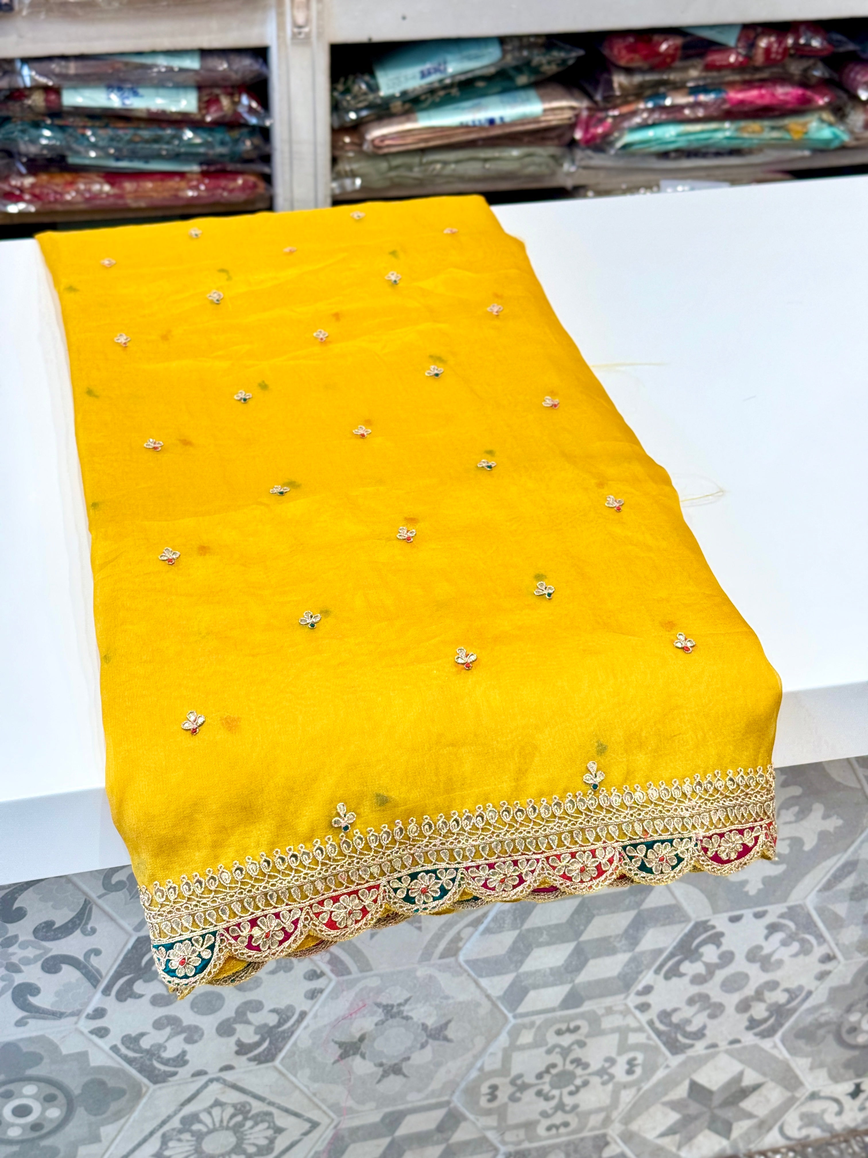 Yellow Organza Marodi Gotapatti Embroidery Saree