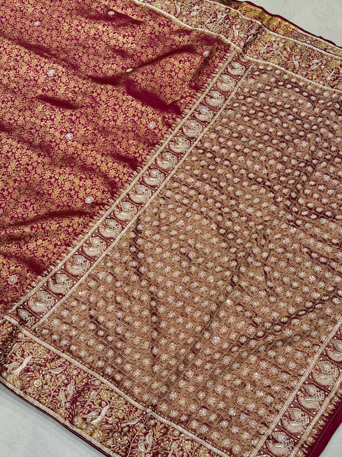 Maroonish Wine Kanjivaram Landscape Zardosi Hand Embroidery Saree