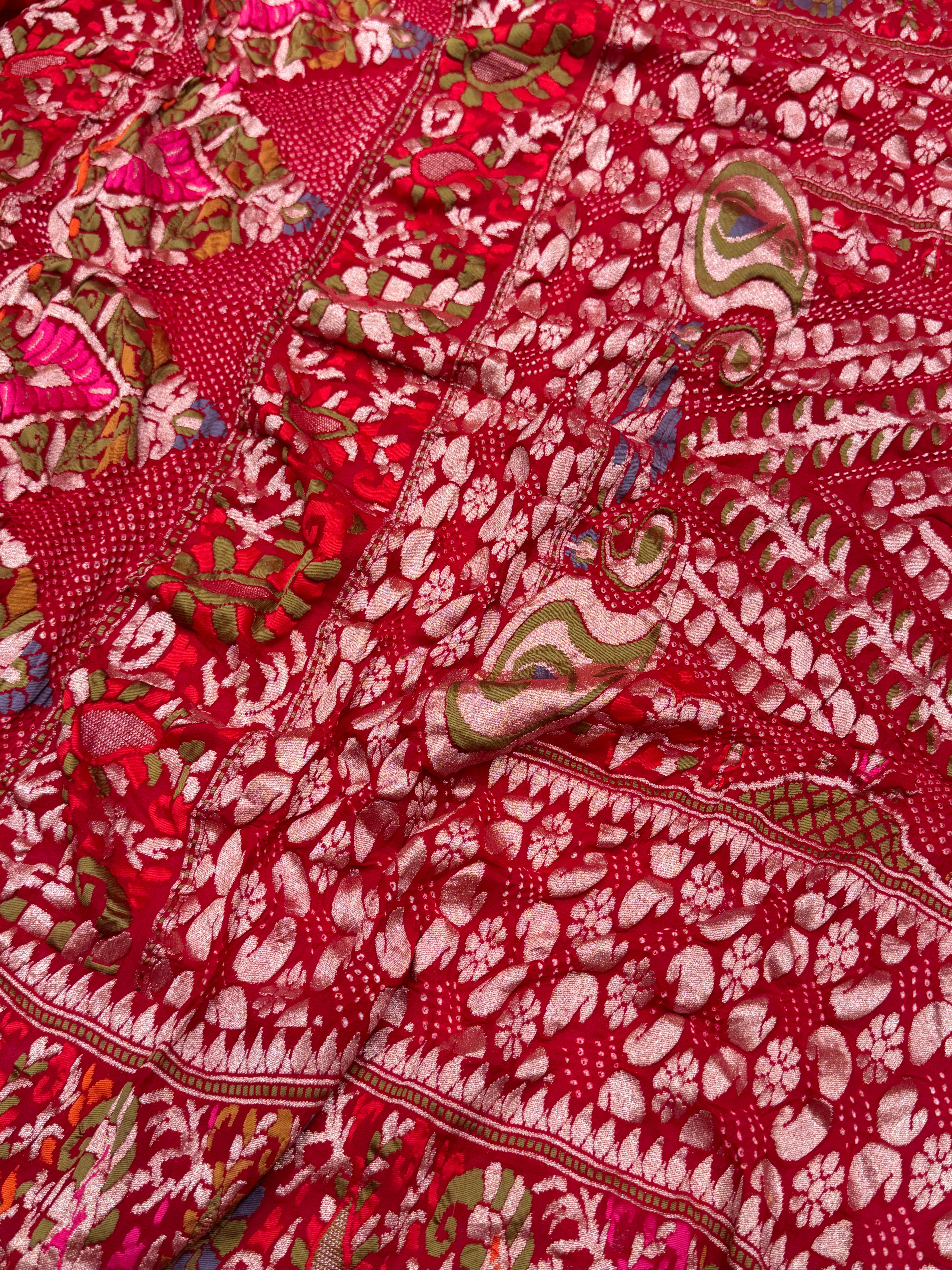 Red Pashmina Style Handloom Meenakari Rai Bandhej Pure Zari Dupatta