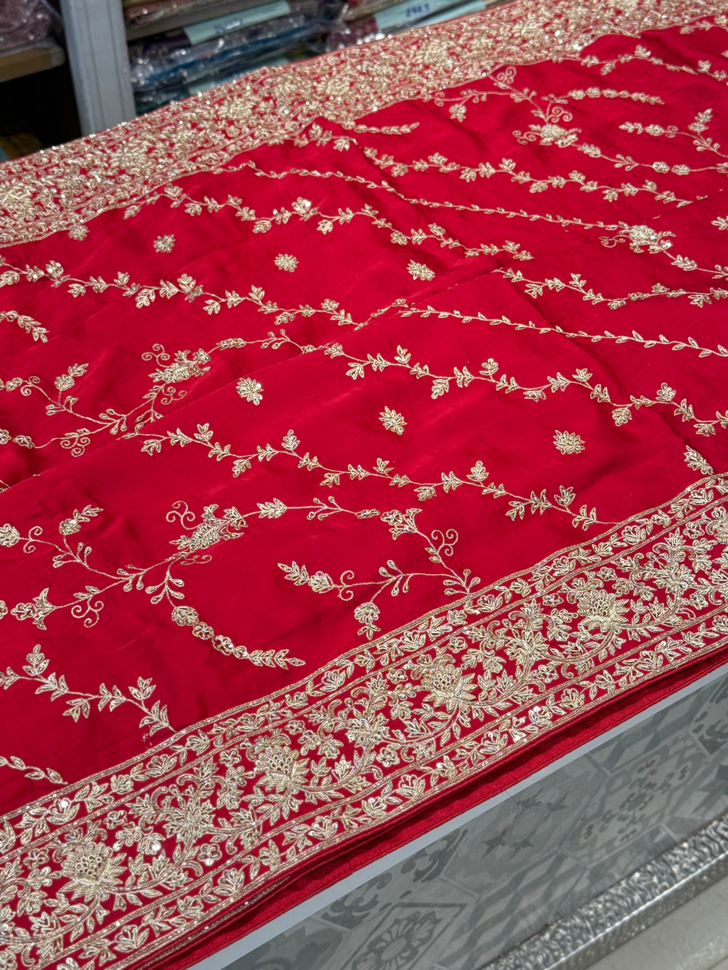 Red Leheriya Jaal Satin Hand Embroidery Zardosi Saree