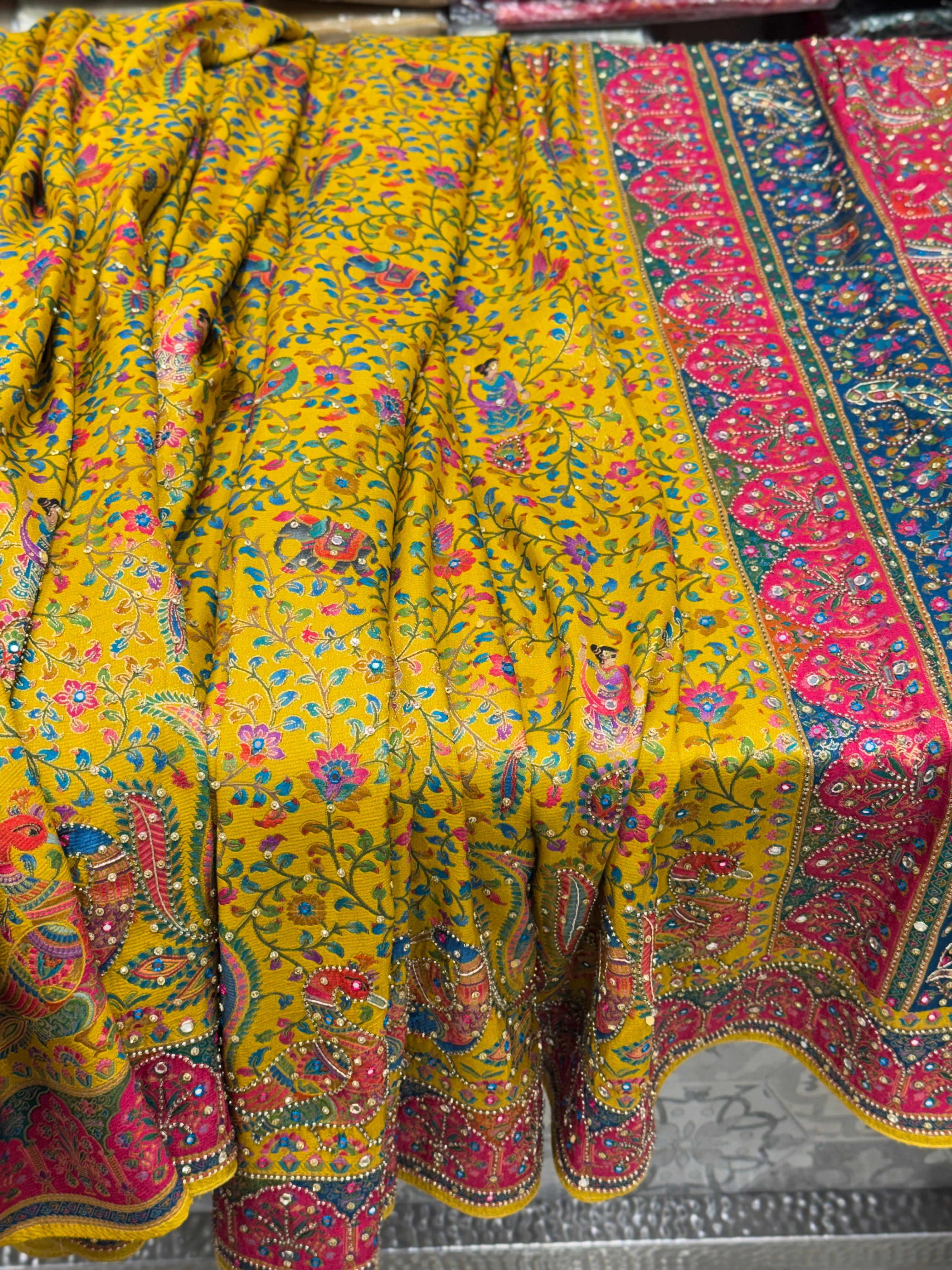 Yellow Pashmina Style Moti Hand Embroidery Saree