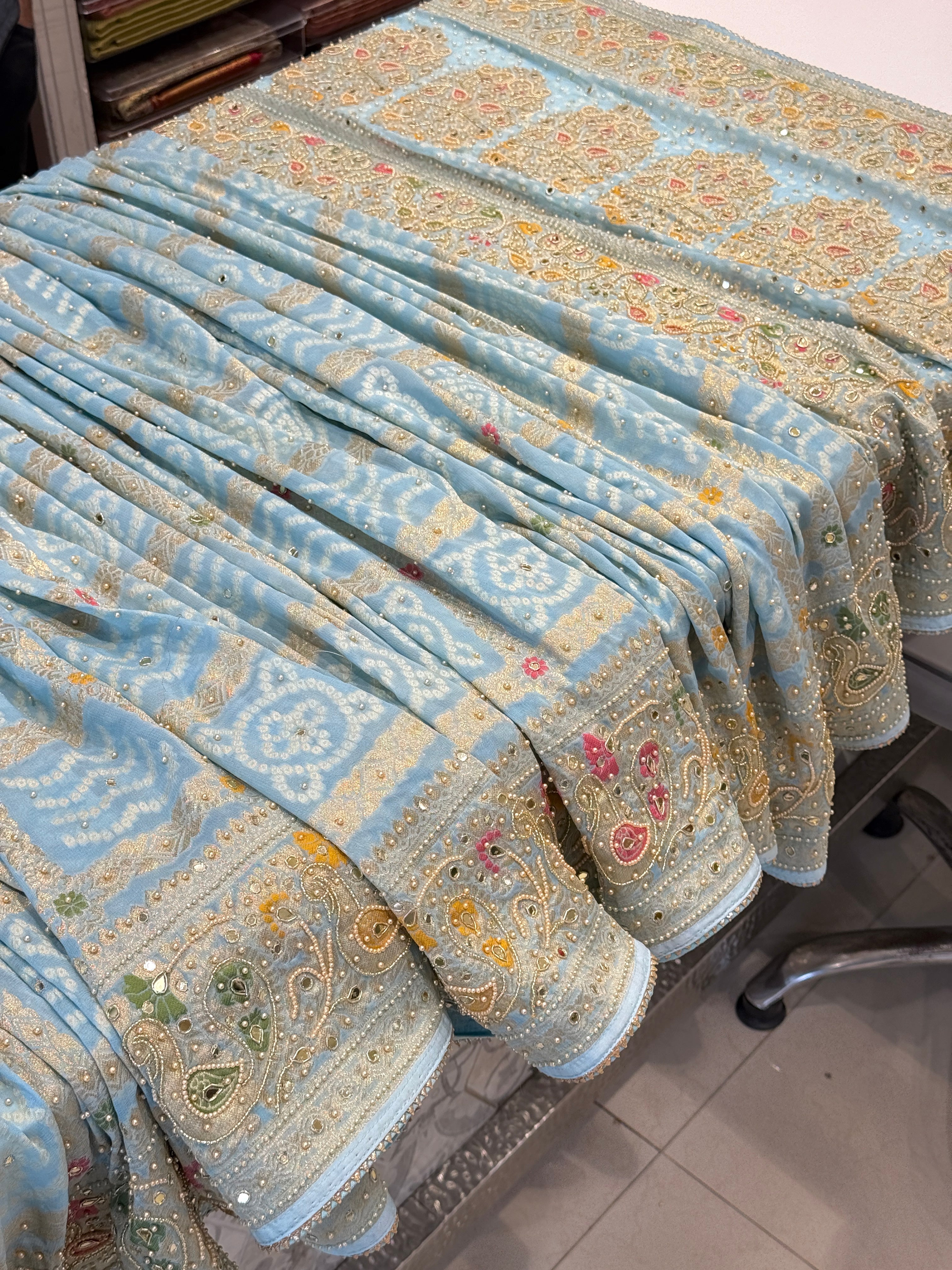 Light Blue Gharchola Moti Hand Embroidery Saree