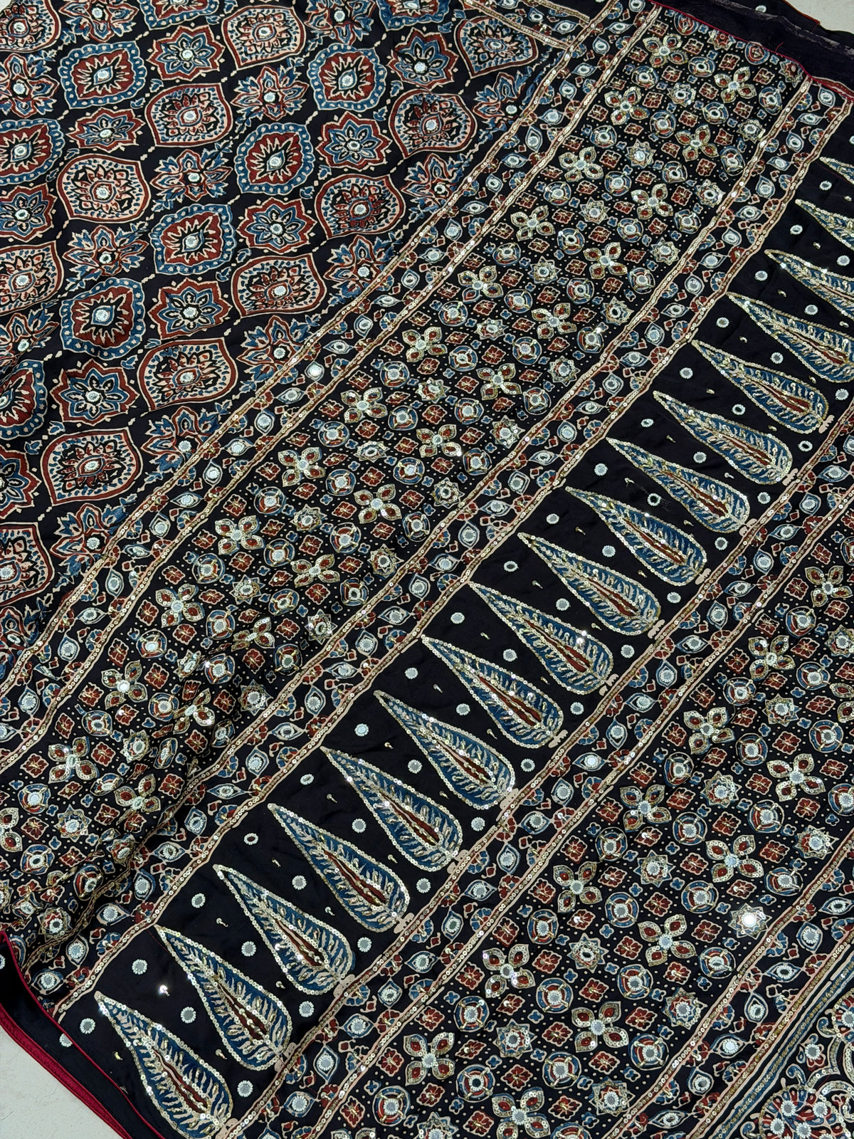 Black Badam Jaal Ajrakh Real Mirror Moti Sequin Hand Embroidery Saree