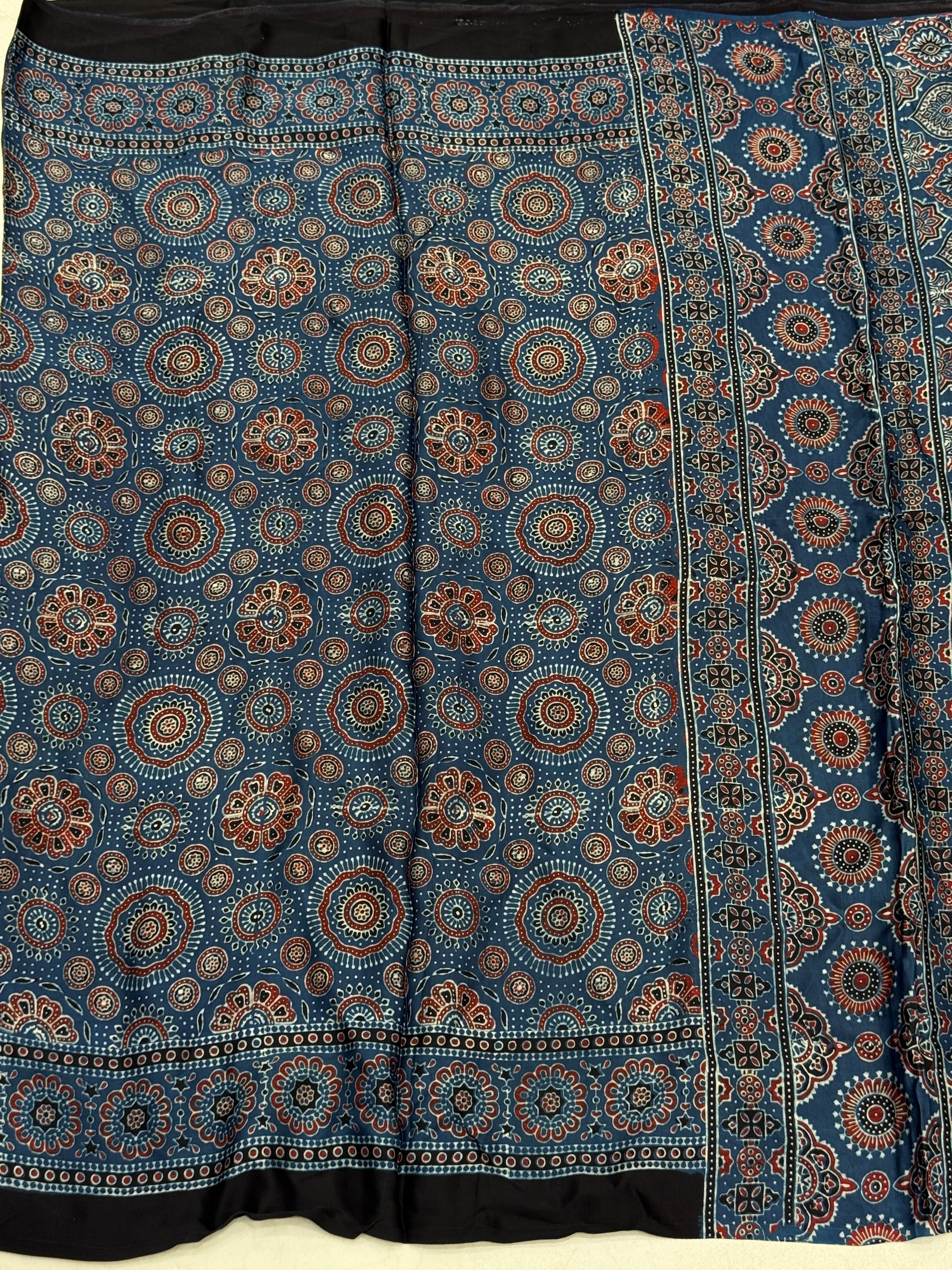 Blue Badam Circle Jaal Ajrakh Block Print Hand Pure Gajji Silk Saree