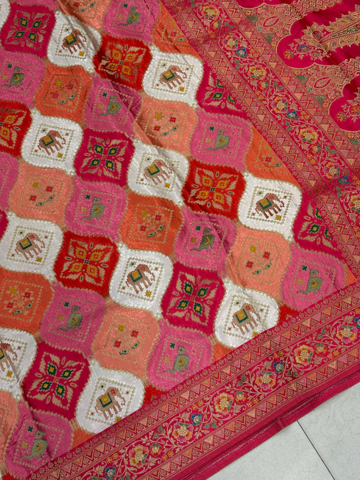 Moti White Rani Patola Elephant Motif Modal Rangkat Saree