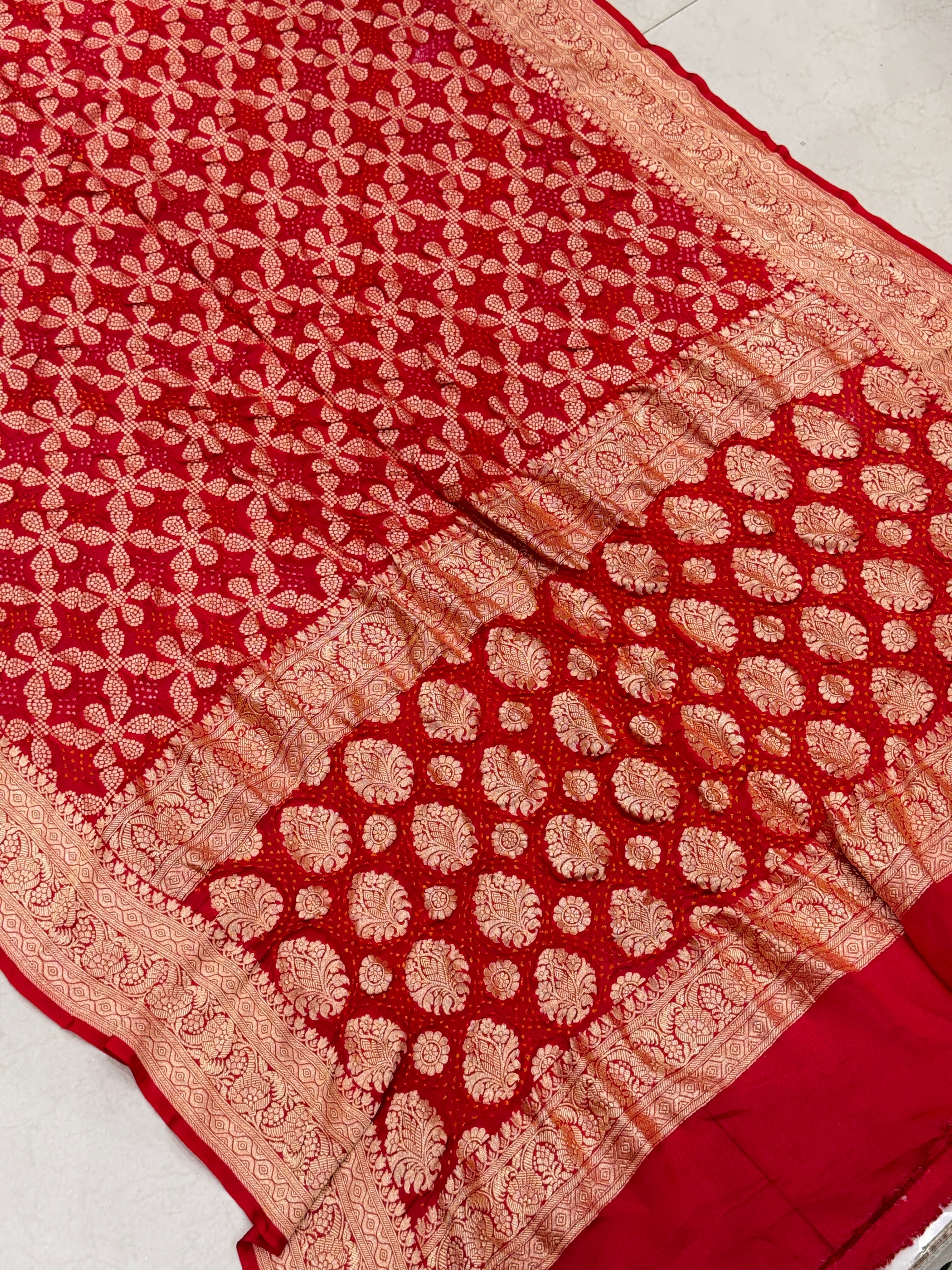 Red Five Petals Bandhej Bandhini Saree