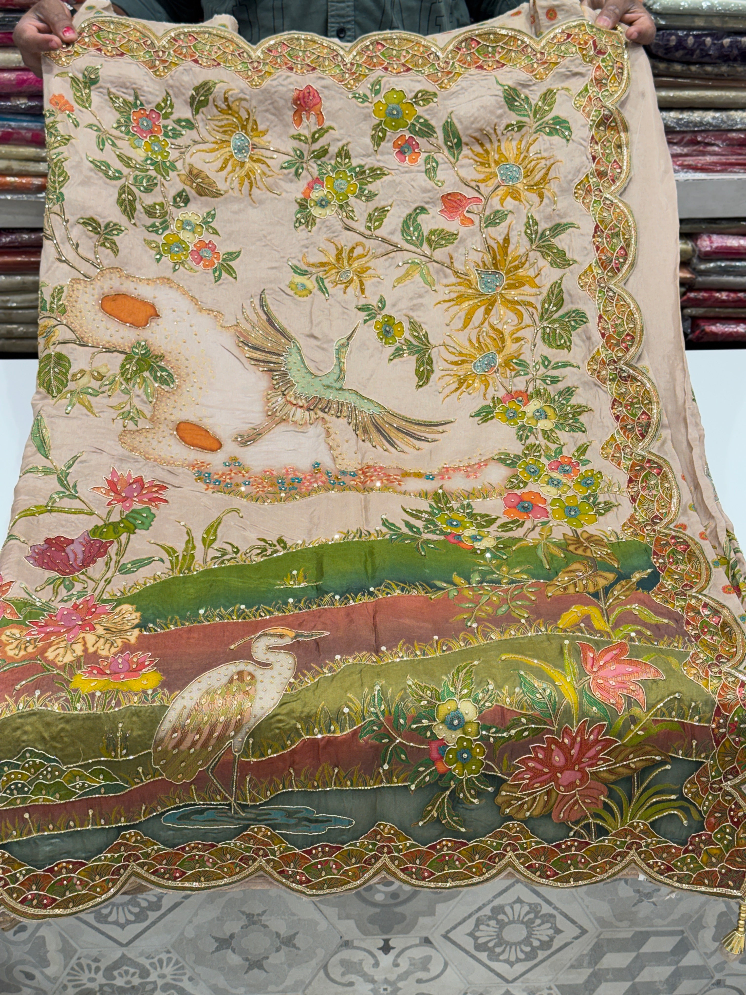 Nude Beige Landscape Hand Embroidery Saree