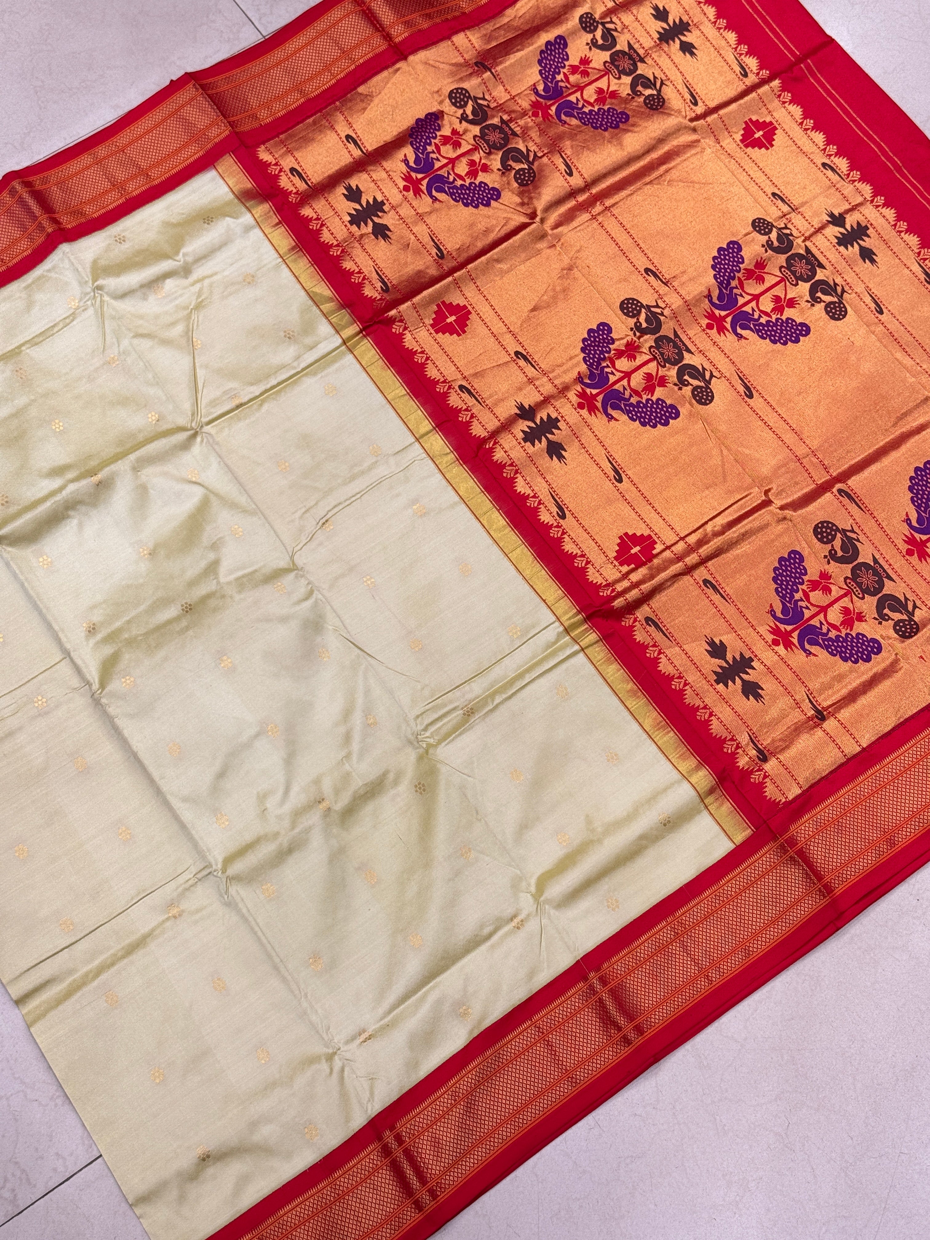 Beige Red Pure Silk Paithani Saree