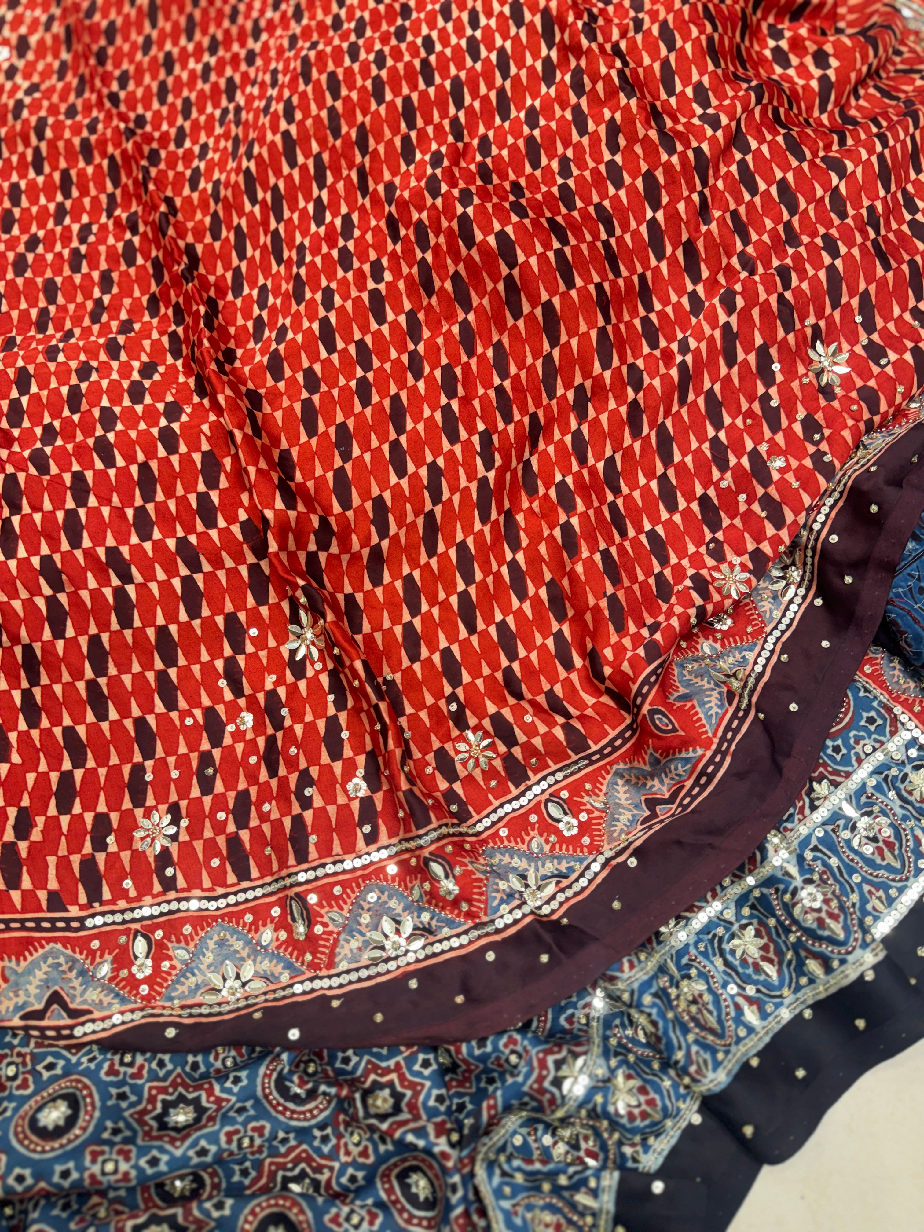 Blue Red Four Square Moti Sequin Ajrakh Hand Embroidery Saree