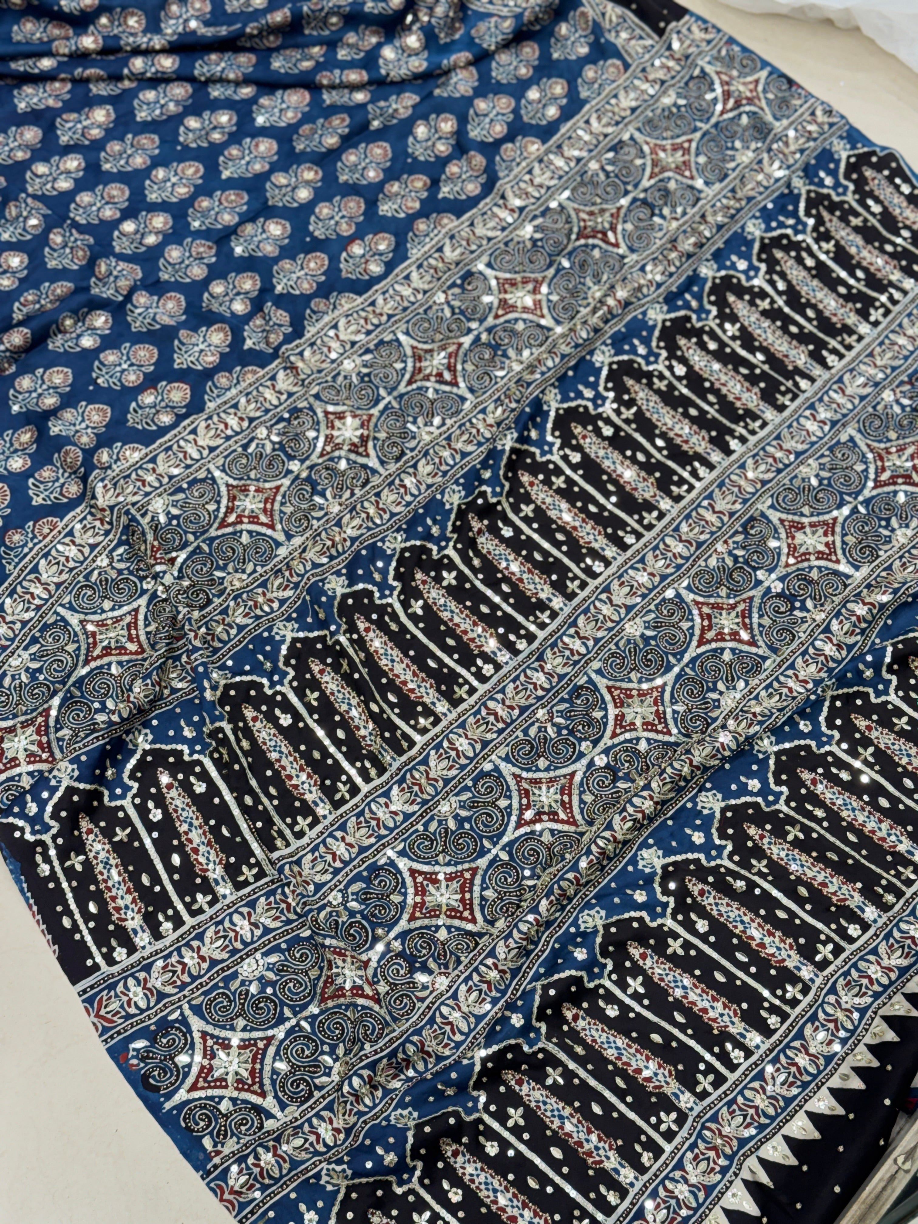 Blue Teen Buttis Ajrakh Hand Embroidery Saree