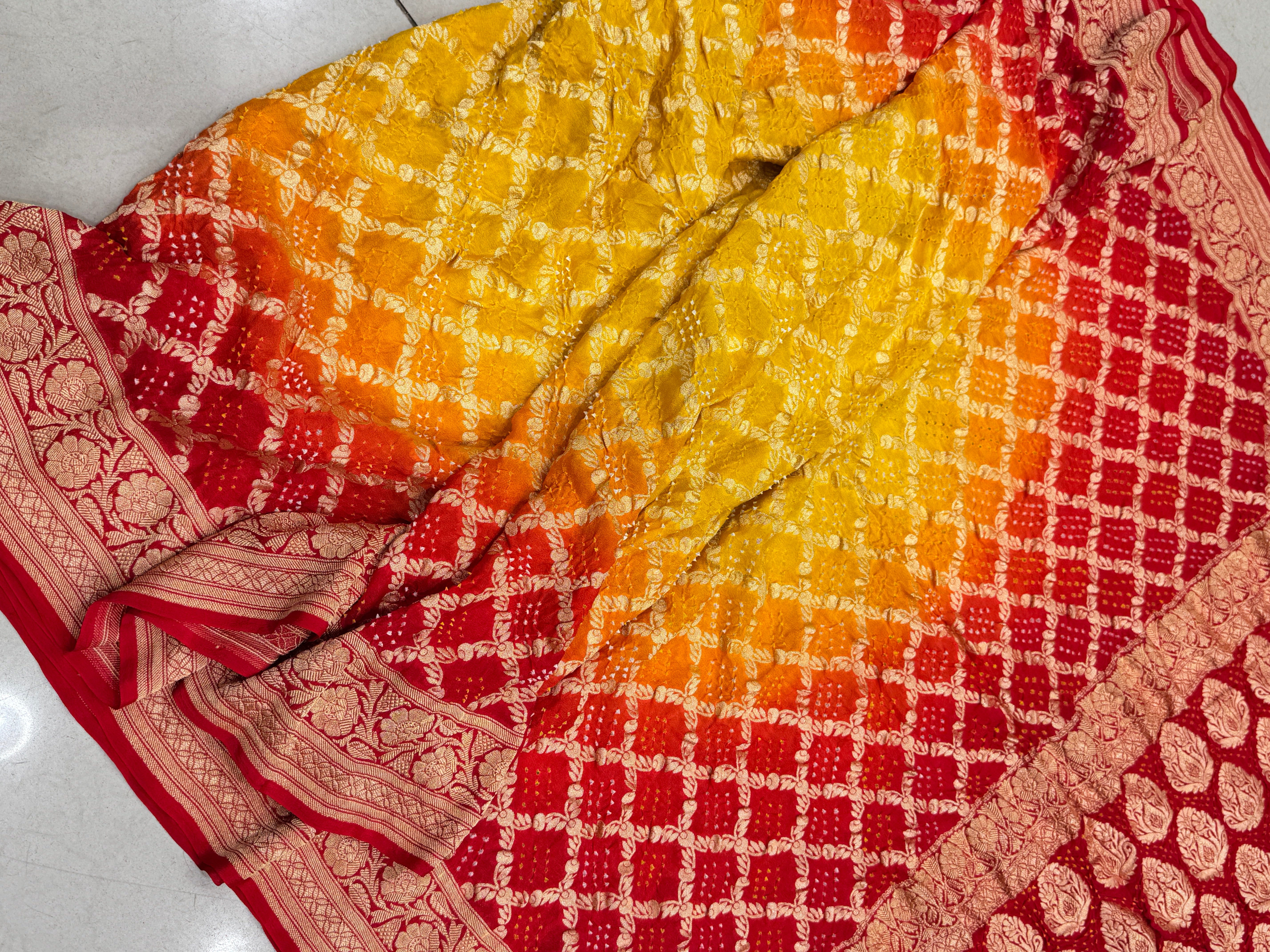 Yellow Red Shaded Bandhej Bandhini Saree