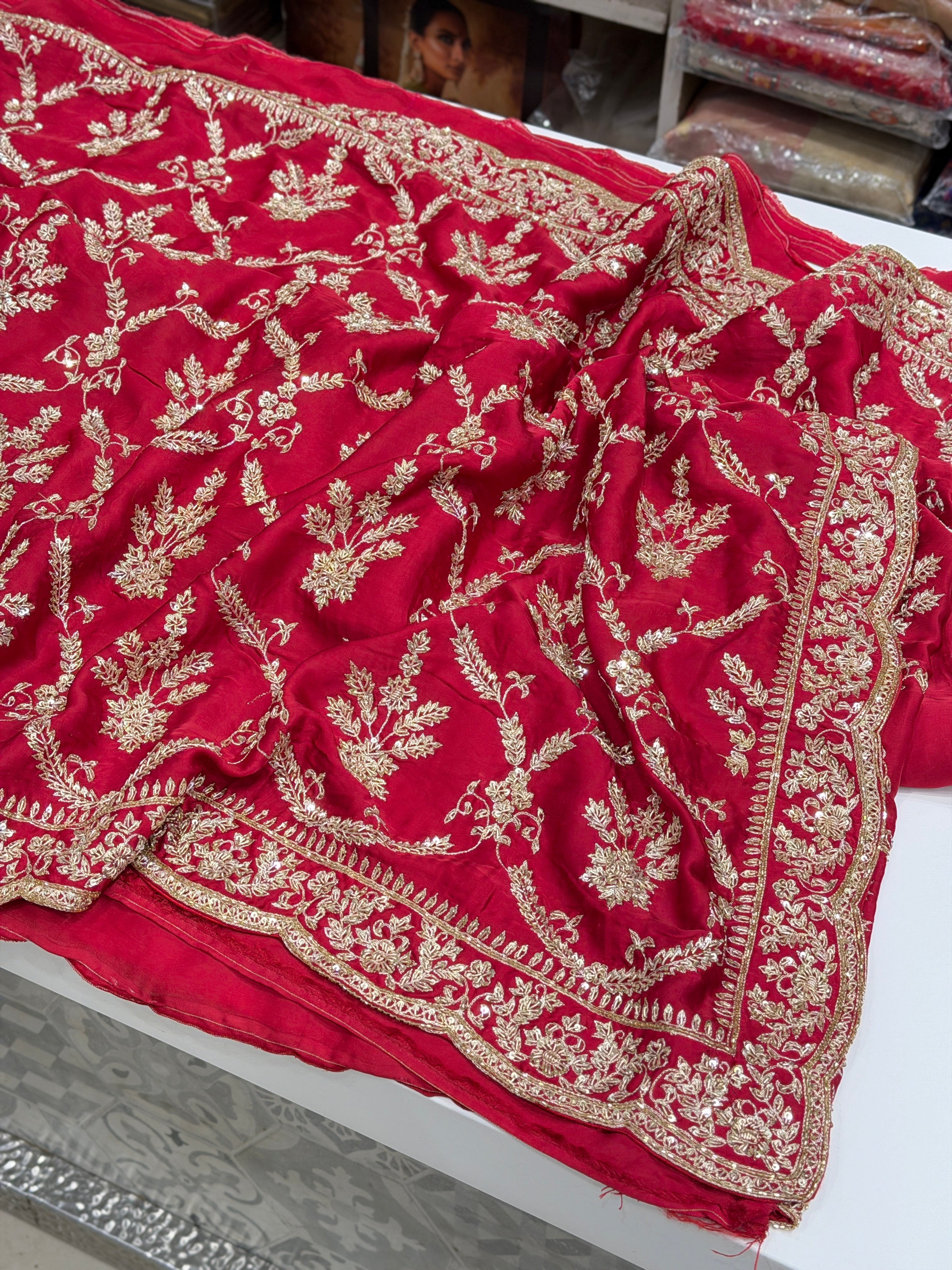 Red Pure Satin Silk Crown Jaal Zardosi Hand Embroidery Jaal Saree