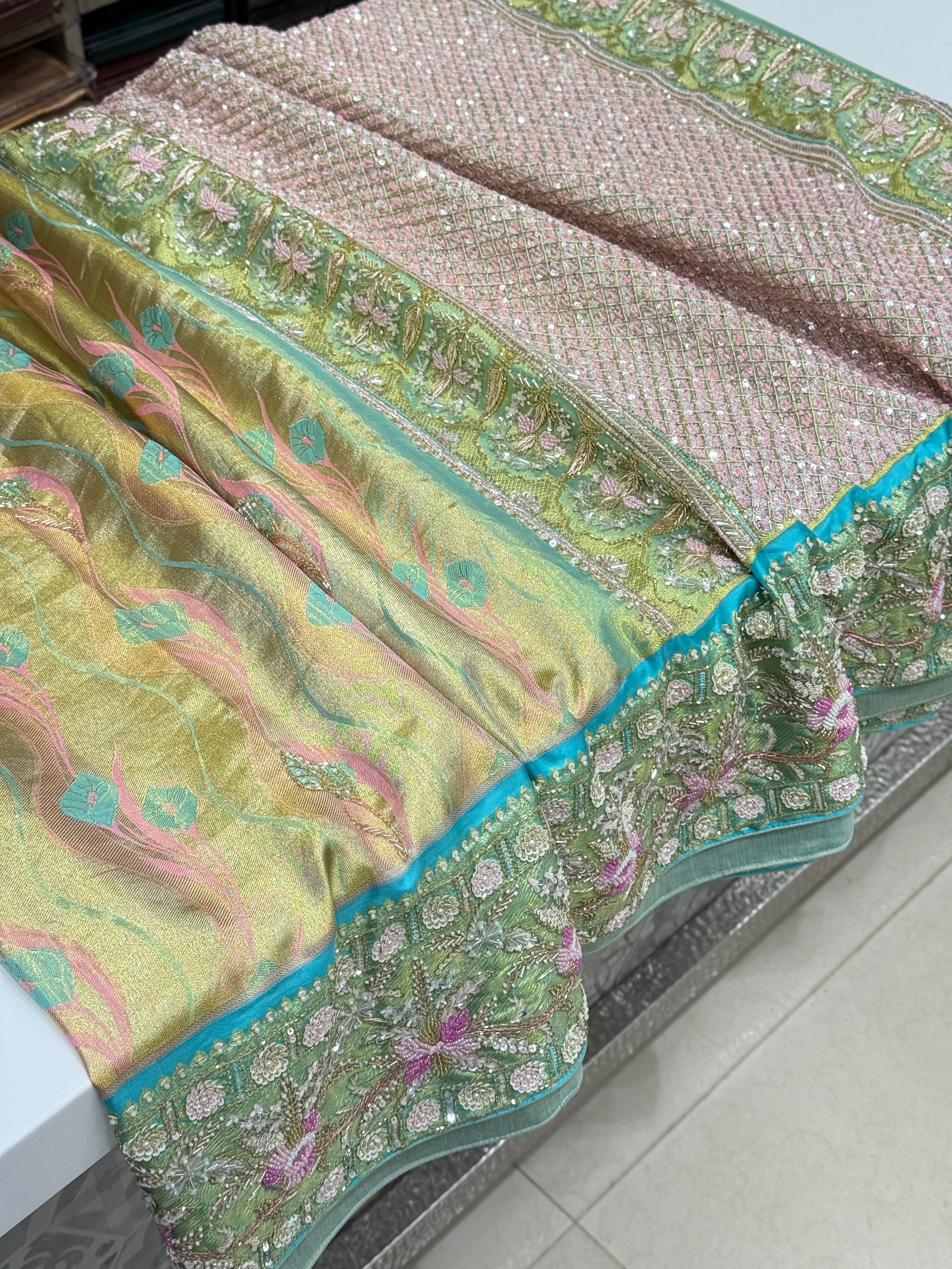Green Meenakari Tissue Kanjivaram Hand Embroidery Saree