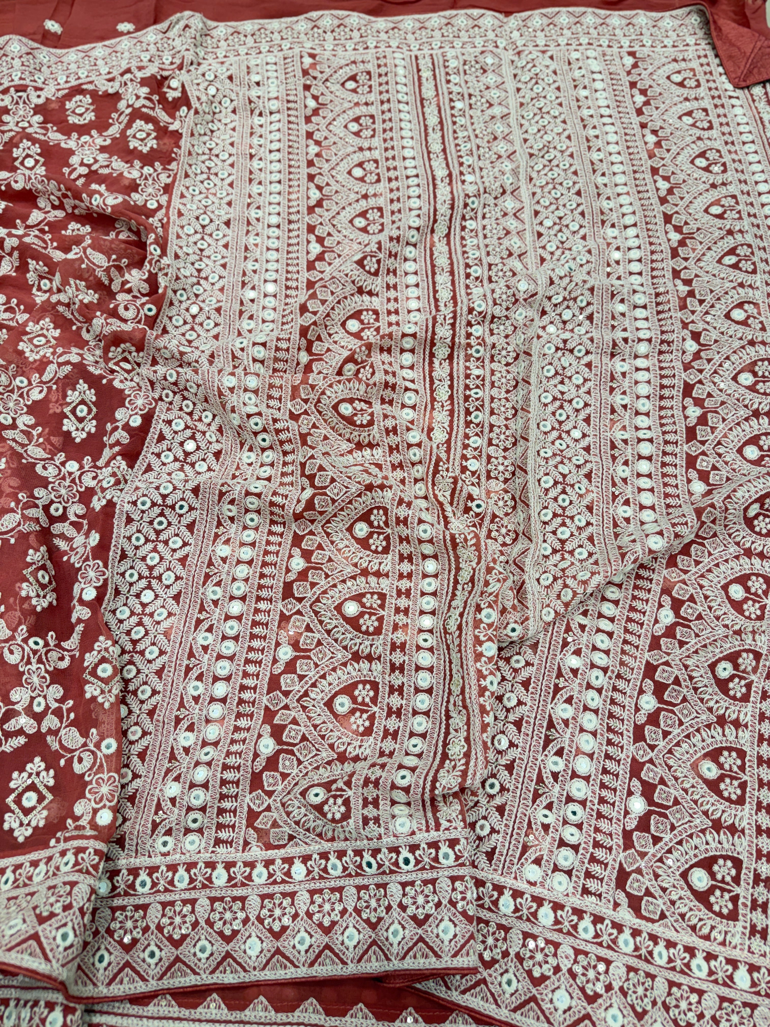 Rust Red Chikankari Jaal Georgette Resham Embroidery Saree