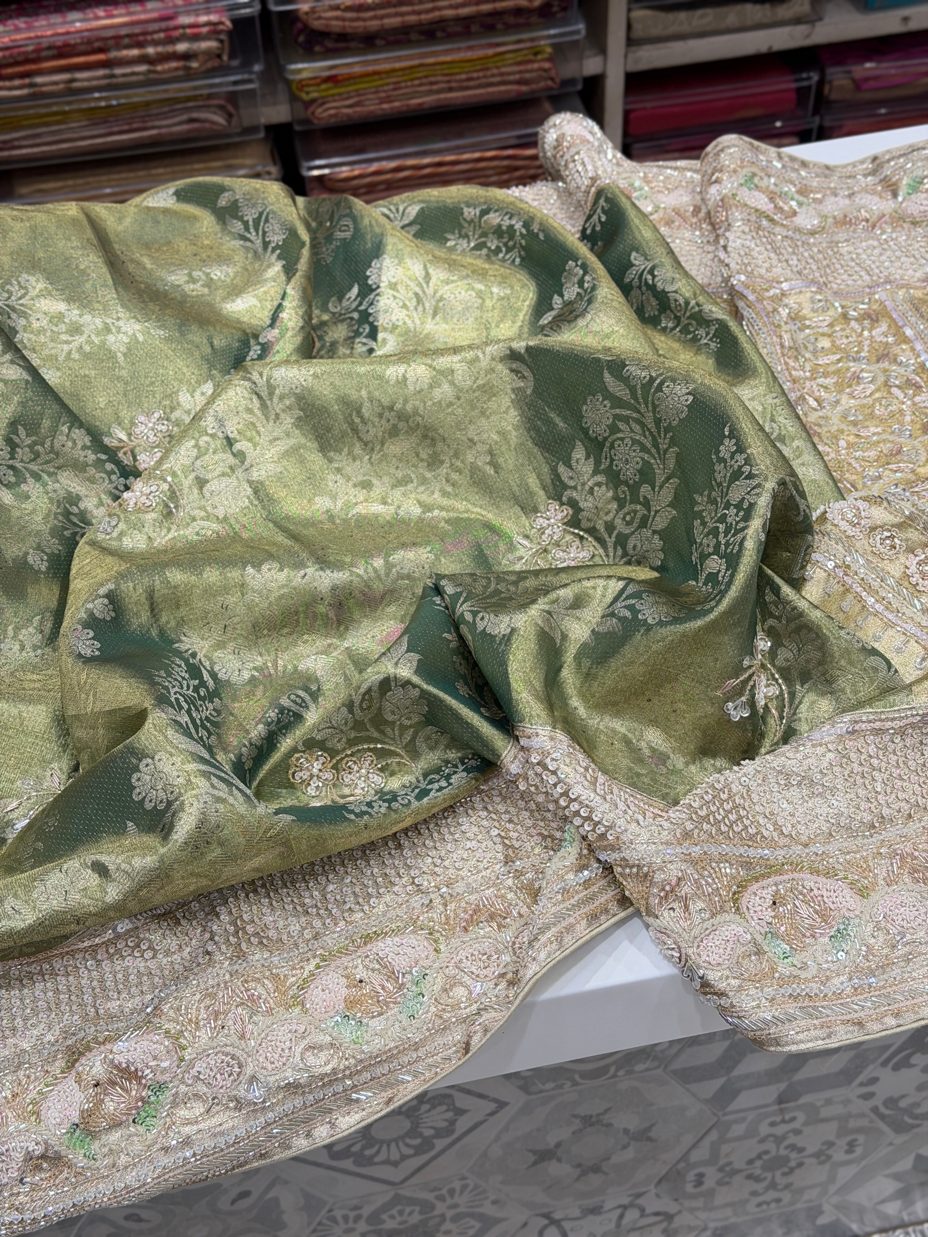 Green Kanjivaram Three Zari Hand Embroidery Zardosi Moti Sequin Saree