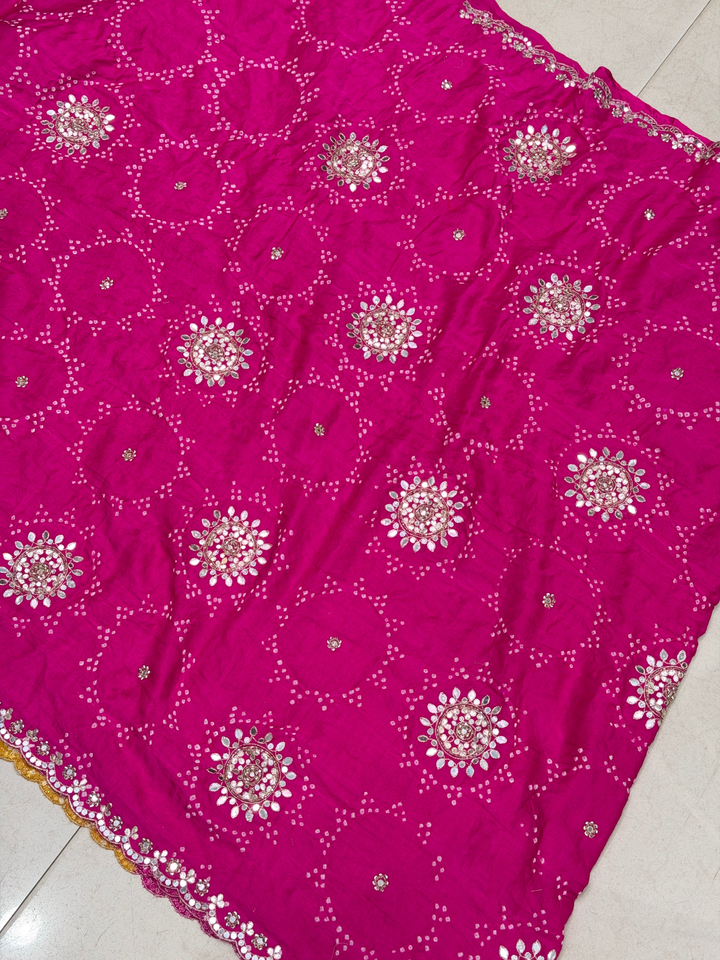 Yellow Rani Gajji Silk Rai Bandhej Tila Hand Embroidery Saree