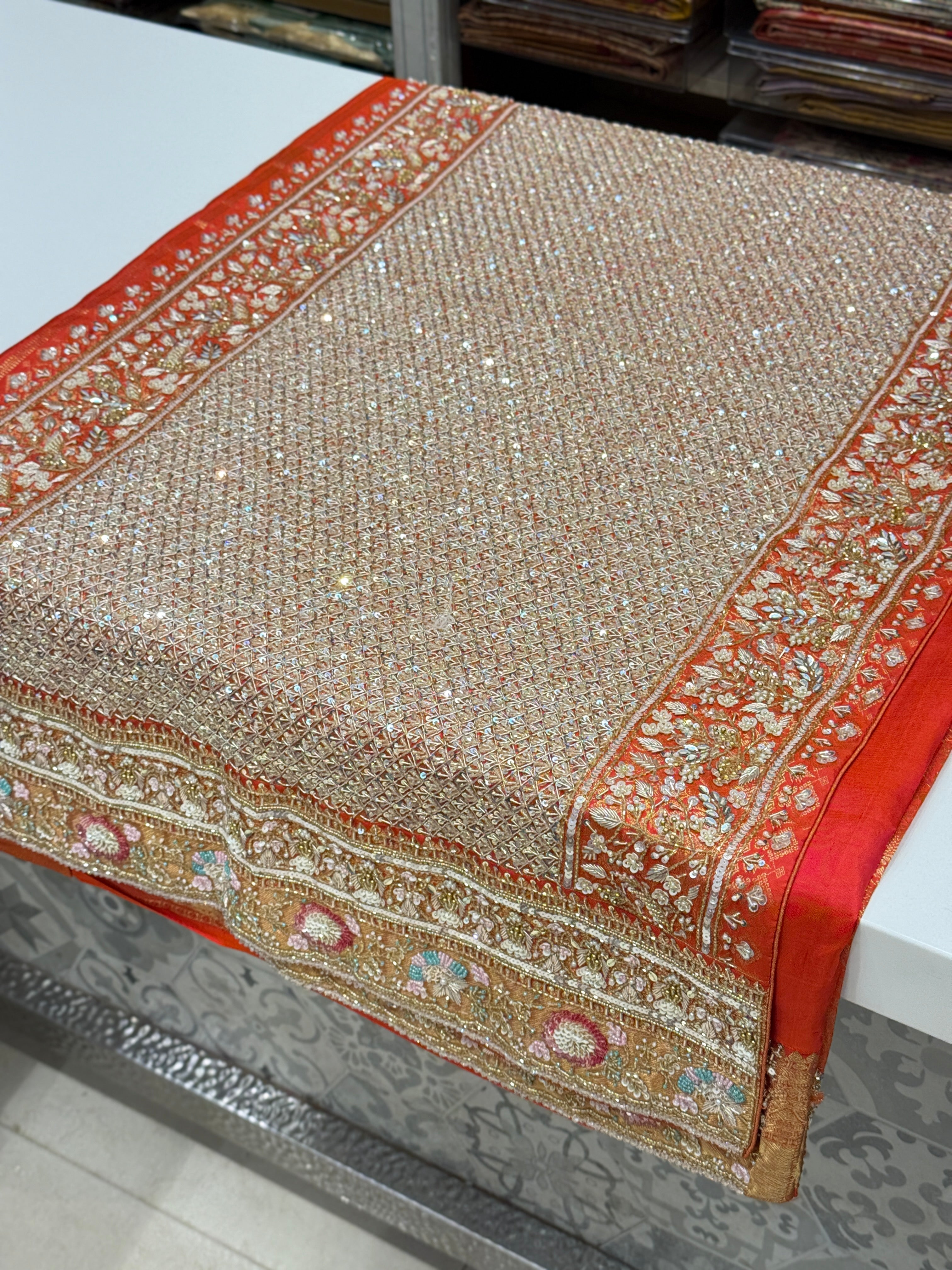 Rust Orange Kanjivaram Hand Embroidery Saree
