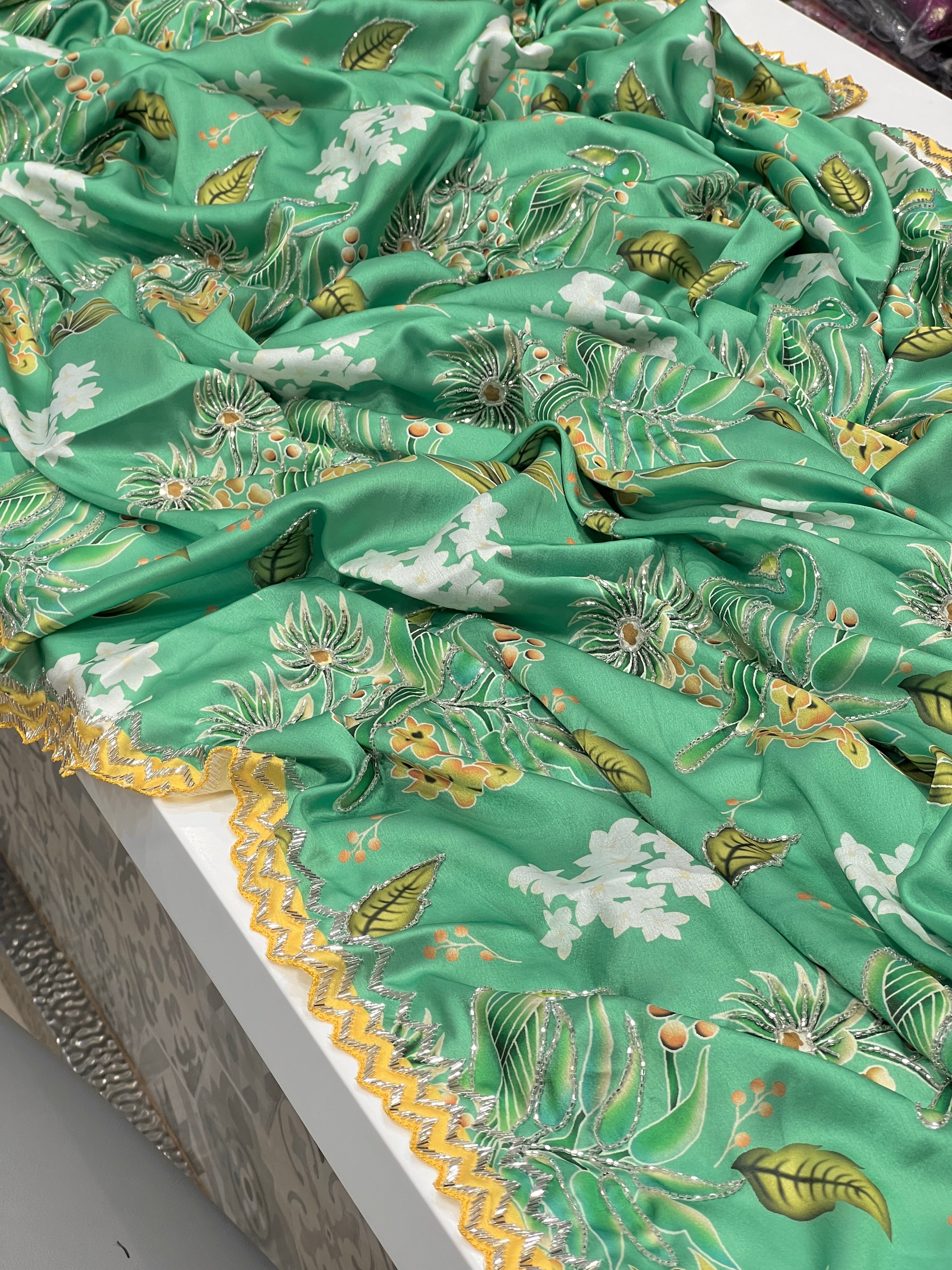 Green Printed Satin Hand Embroidery Saree