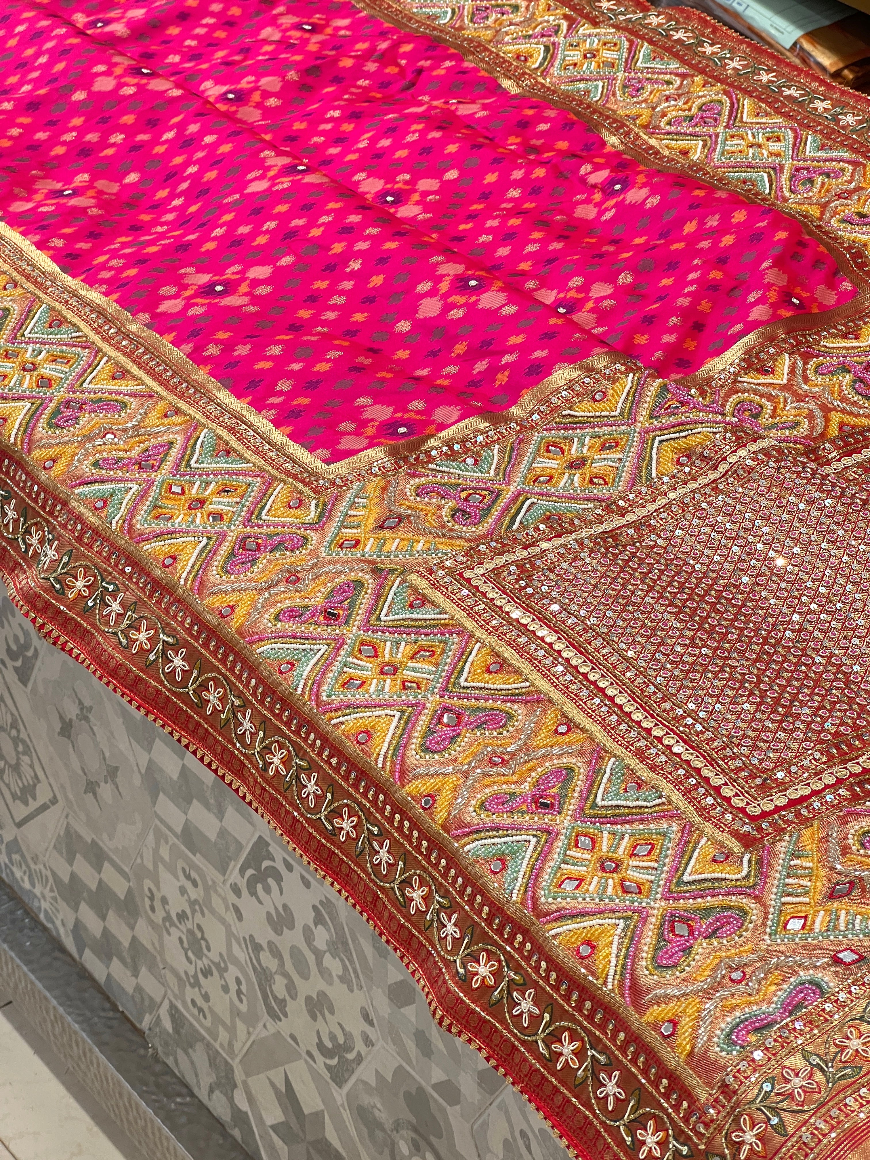 Rani Patola Multi Color Embroidery Saree