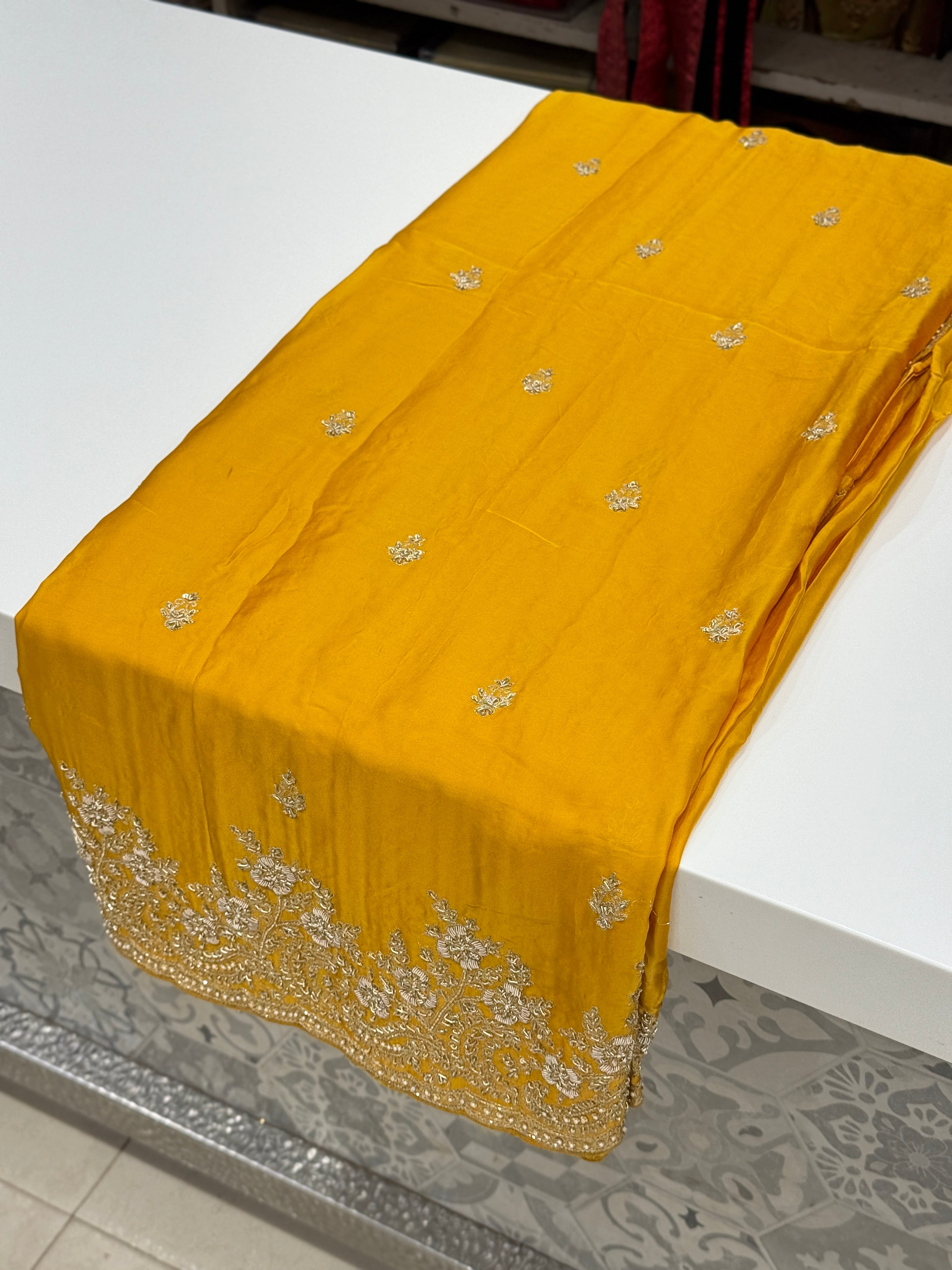 Mustard Yellow Buttis Pure Satin Hand Embroidery Zardosi Saree