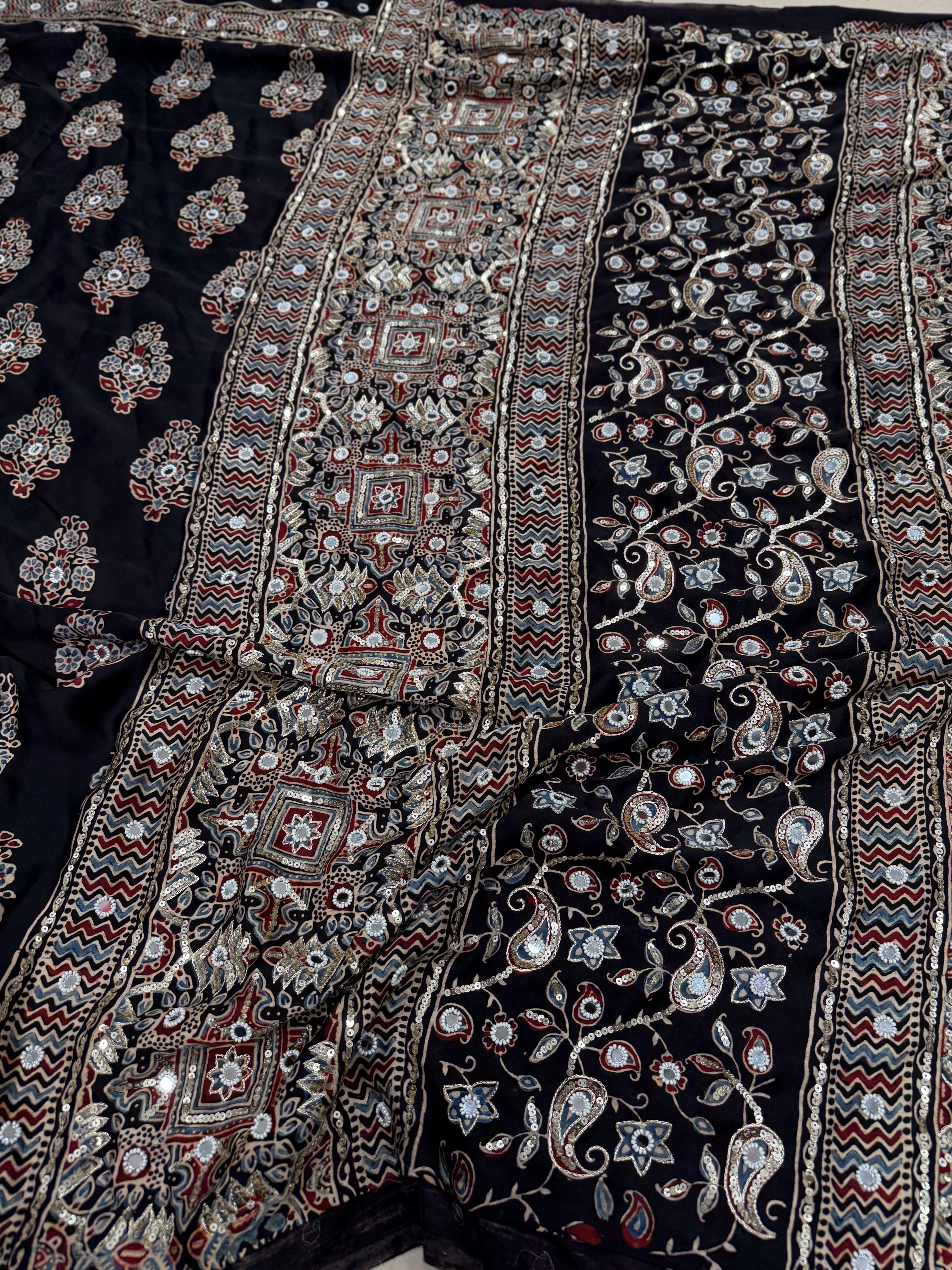 Black Ajrakh Butta Real Mirror Moti Sequin Hand Embroidery Saree