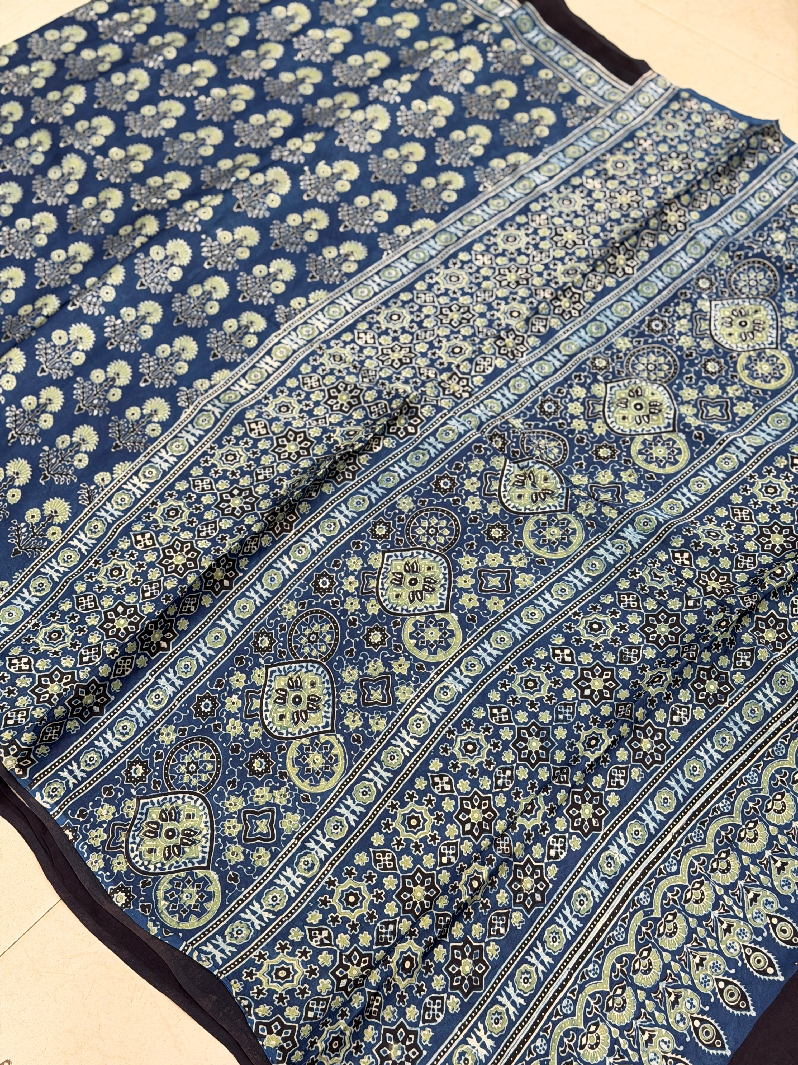 Blue Yellow Buttas Ajrakh Hand Block Print Pure Gajji Silk Saree