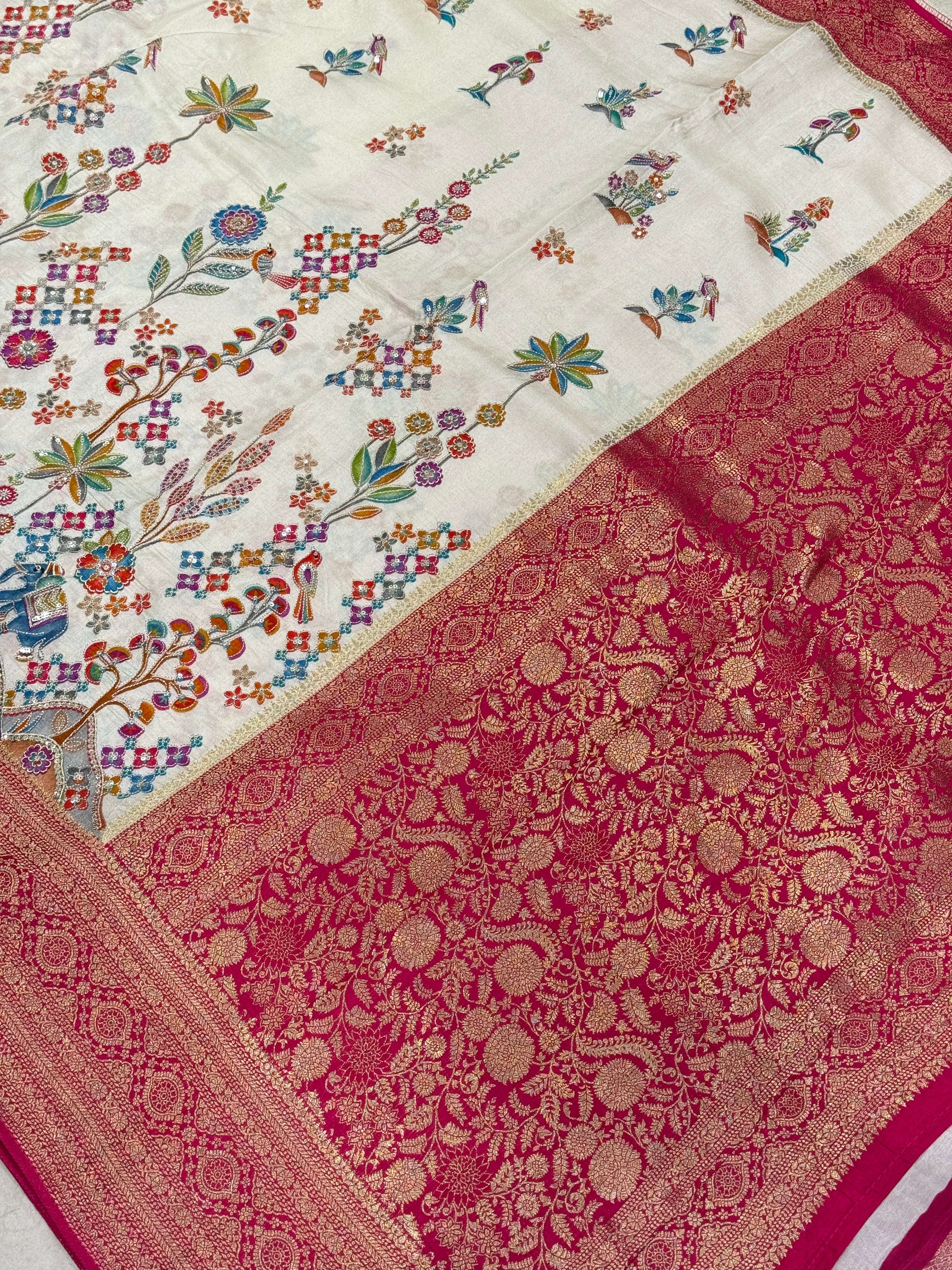 Beige Banarasi Munga With Pita Embroidery