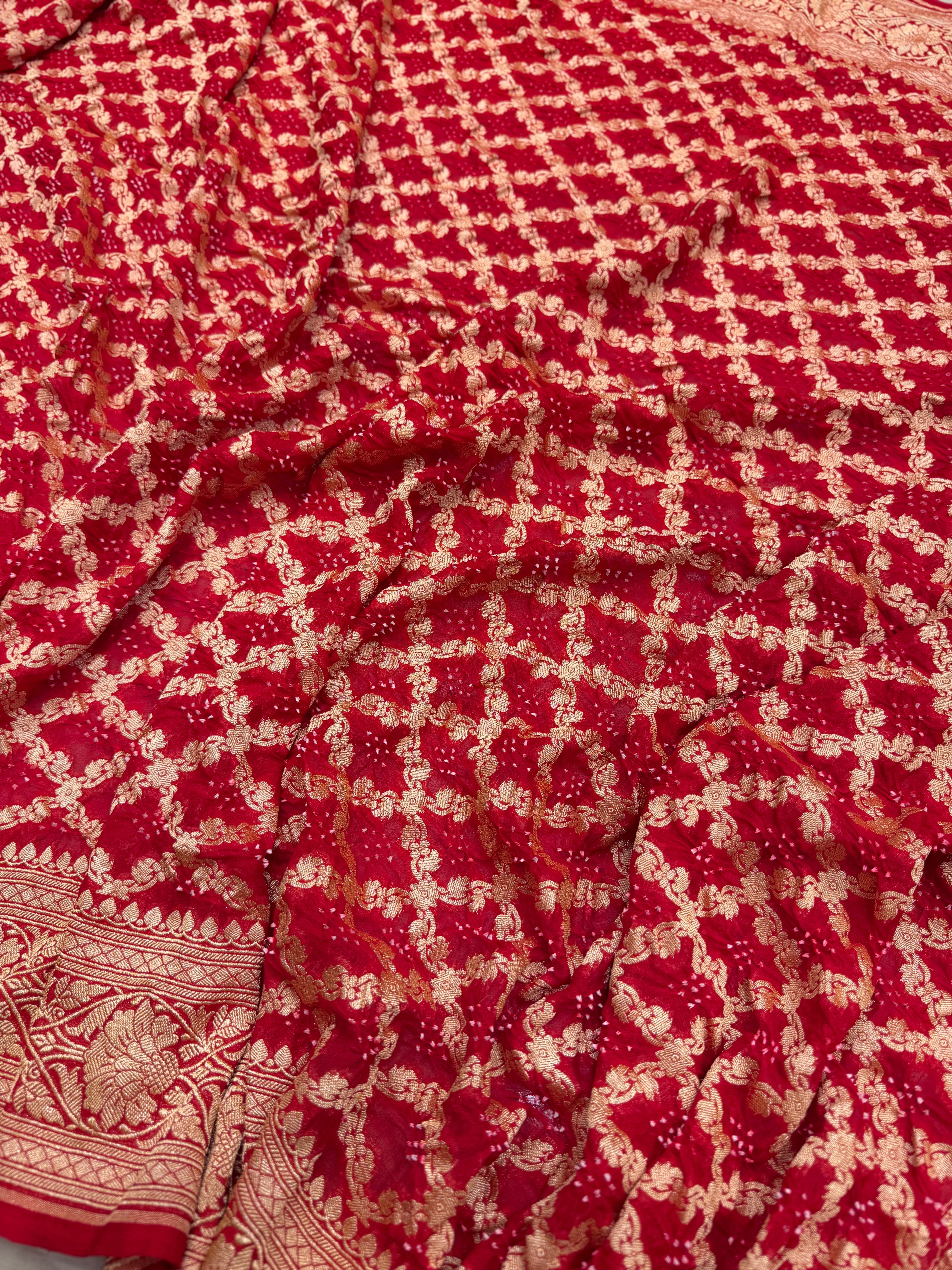 Red Bandhej Big Flower Border Bandhini Saree